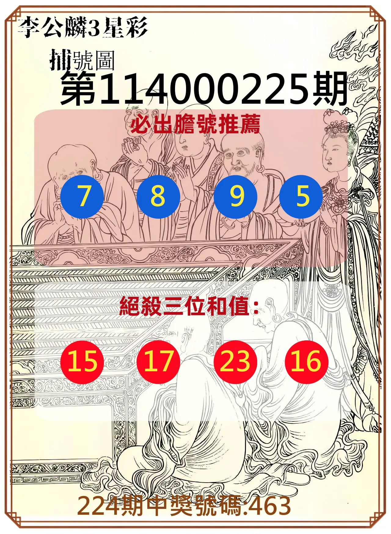 3星彩第114000225期(09/16)李公麟3星彩捕號圖