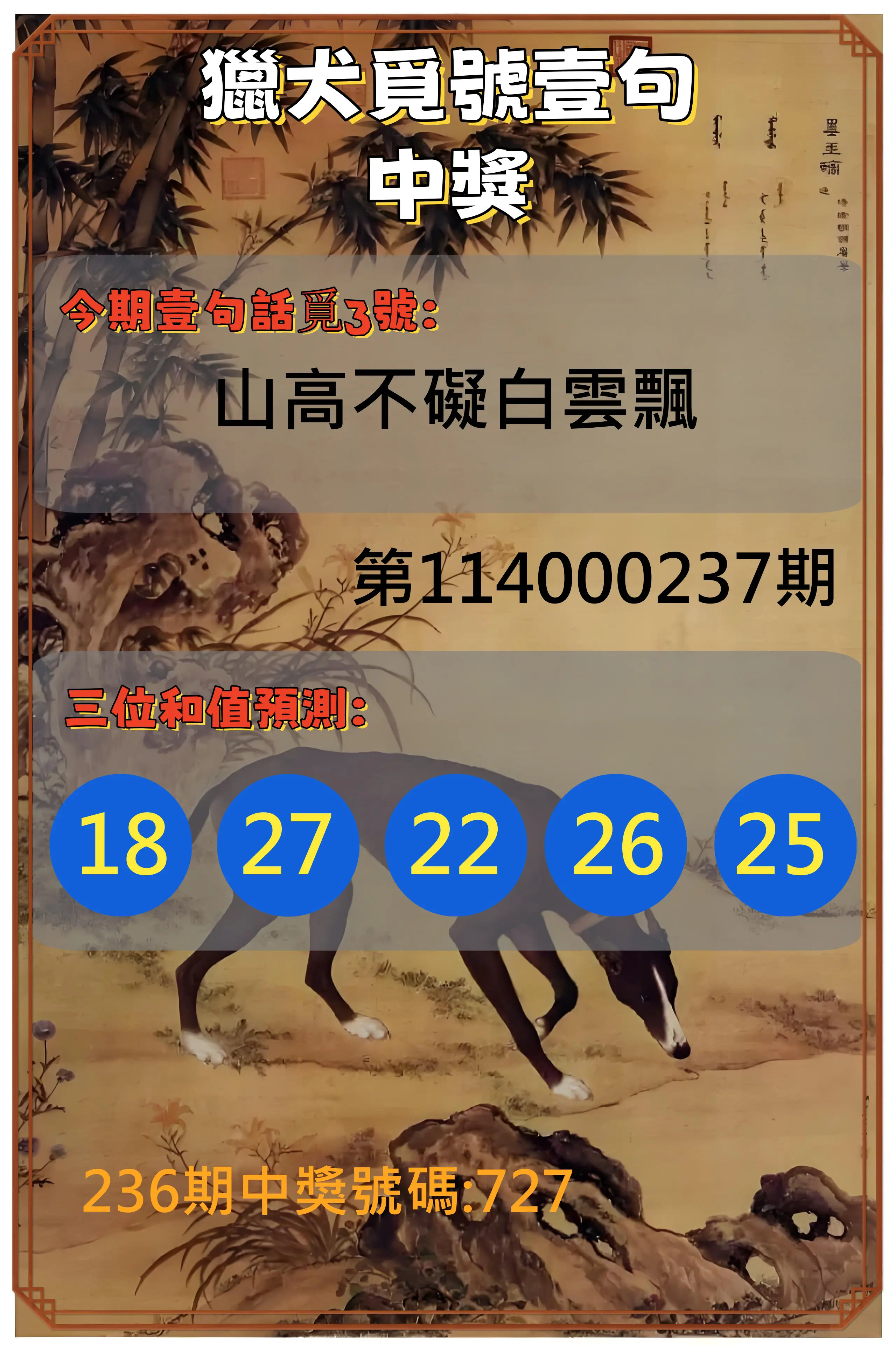 3星彩第114000237期(09/30)獵犬覓號壹句中獎