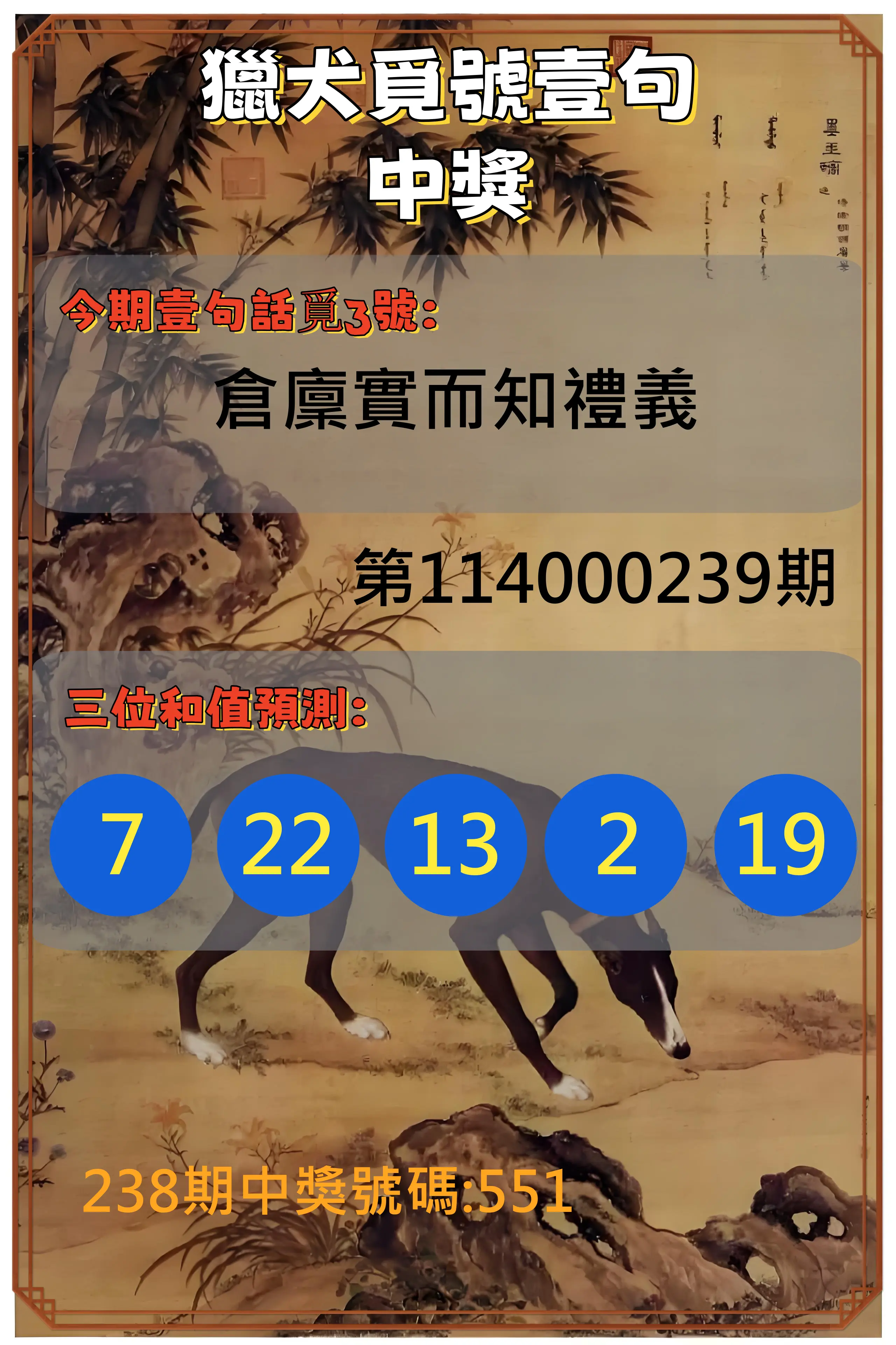 3星彩第114000239期(10/02)獵犬覓號壹句中獎