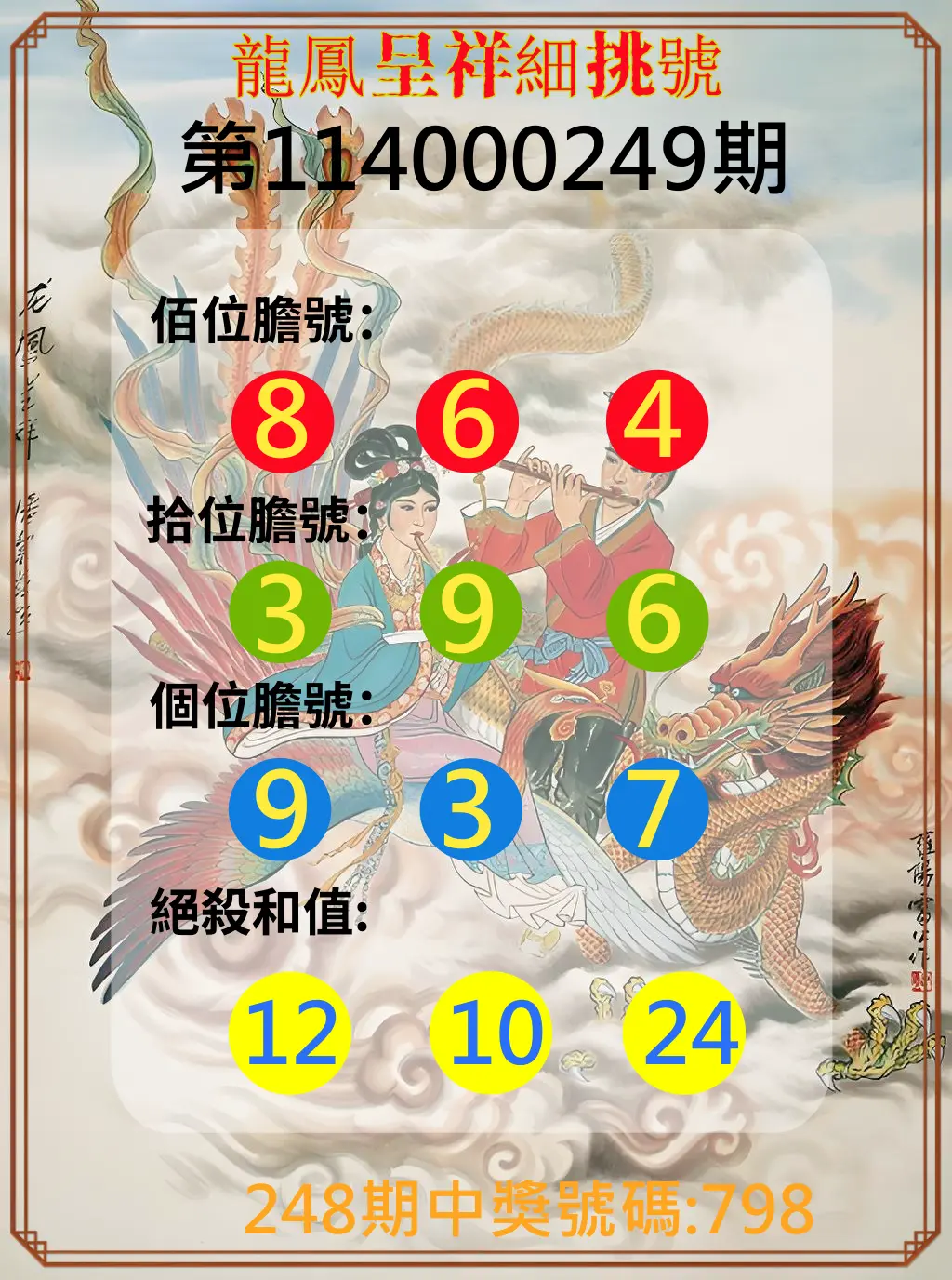 3星彩第114000249期(10/14)龍鳳呈祥細挑號