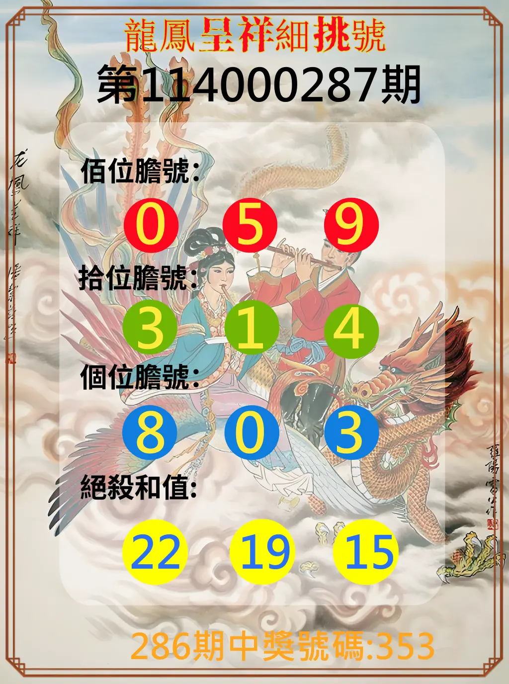 3星彩第114000287期(11/27)龍鳳呈祥細挑號