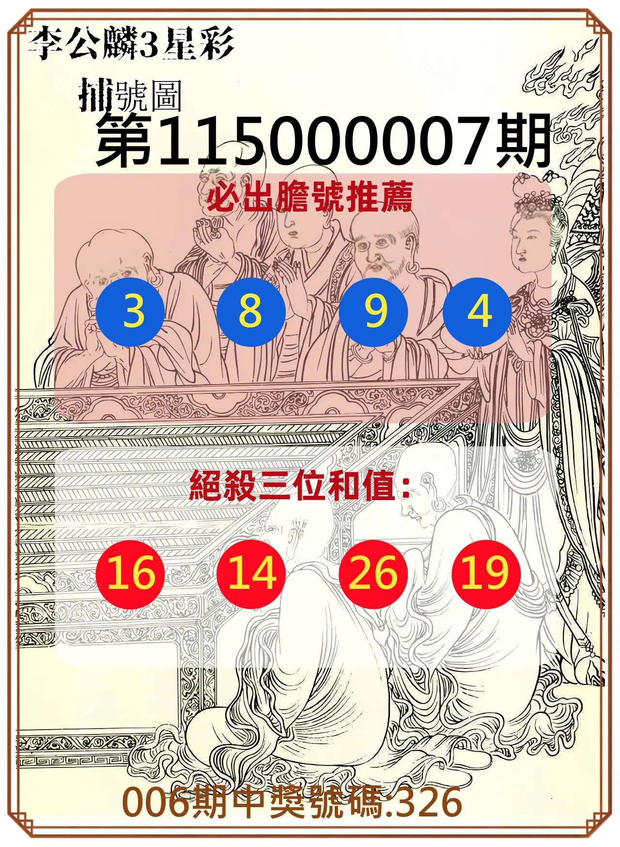 3星彩第115000007期(01/08)李公麟3星彩捕號圖