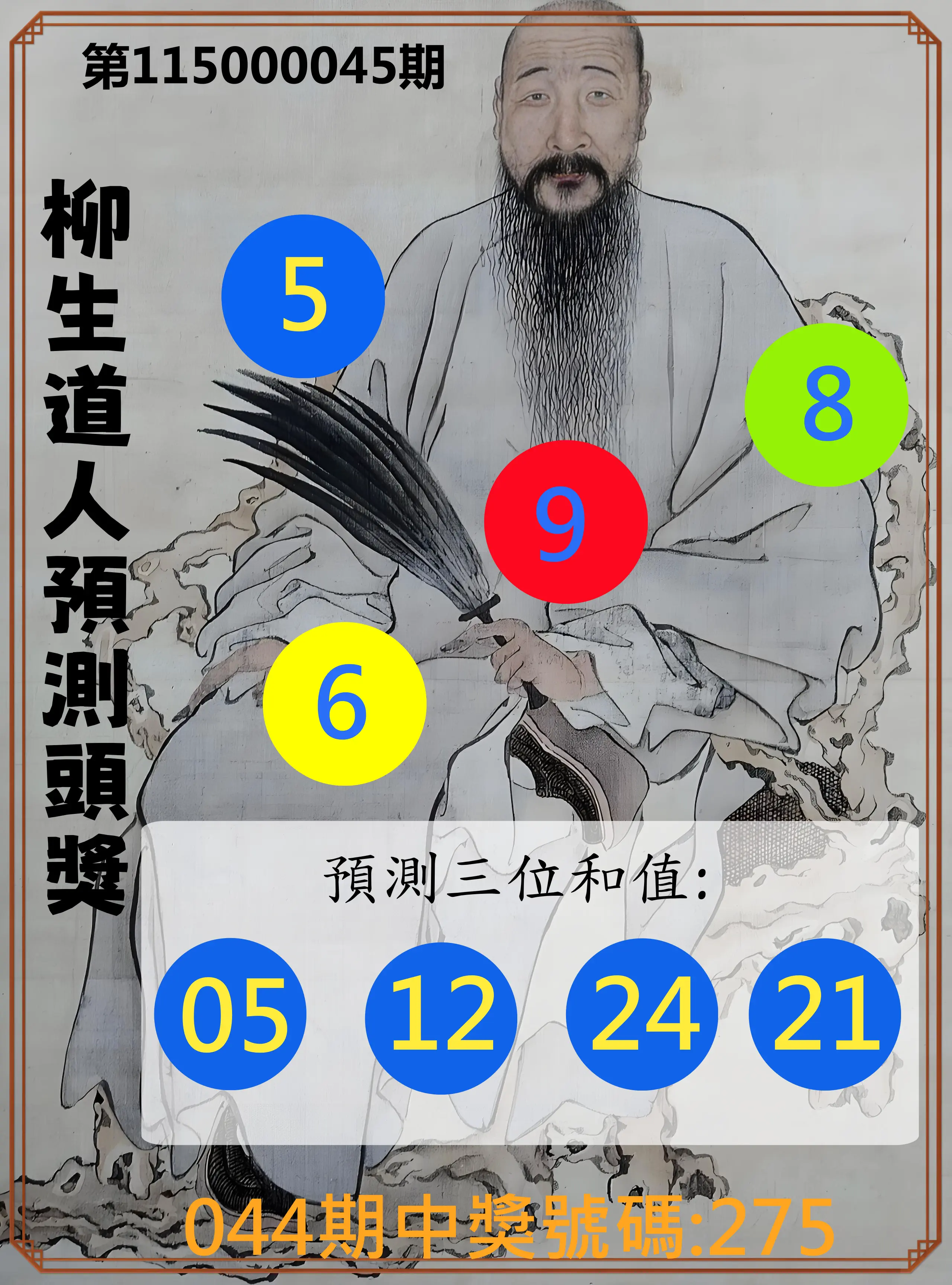 3星彩第115000045期(02/20)柳生道人預測頭獎