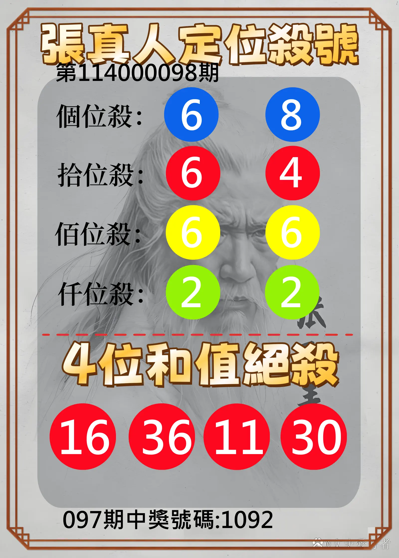 4星彩第114000098期張真人定位殺號