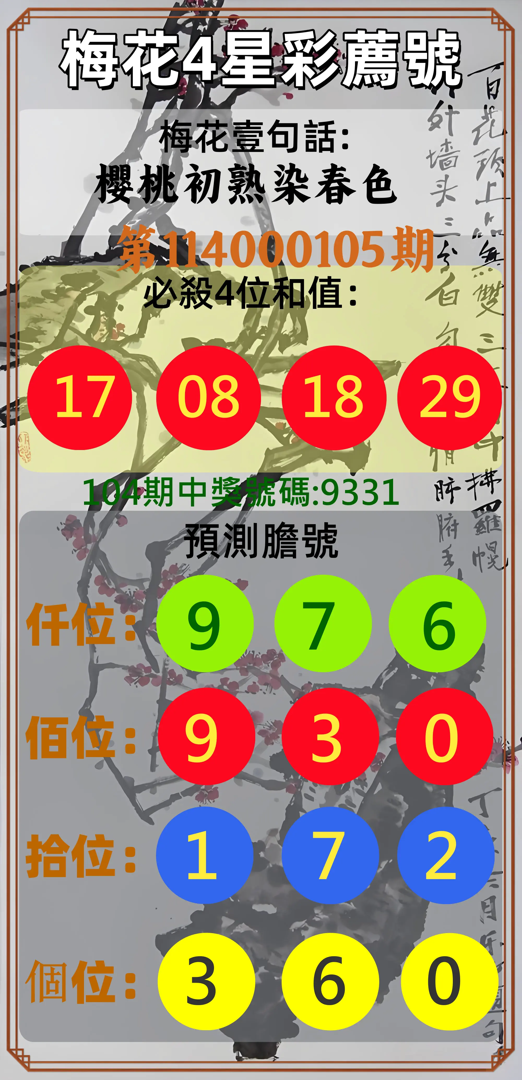 4星彩第114000105期梅花4星彩薦號