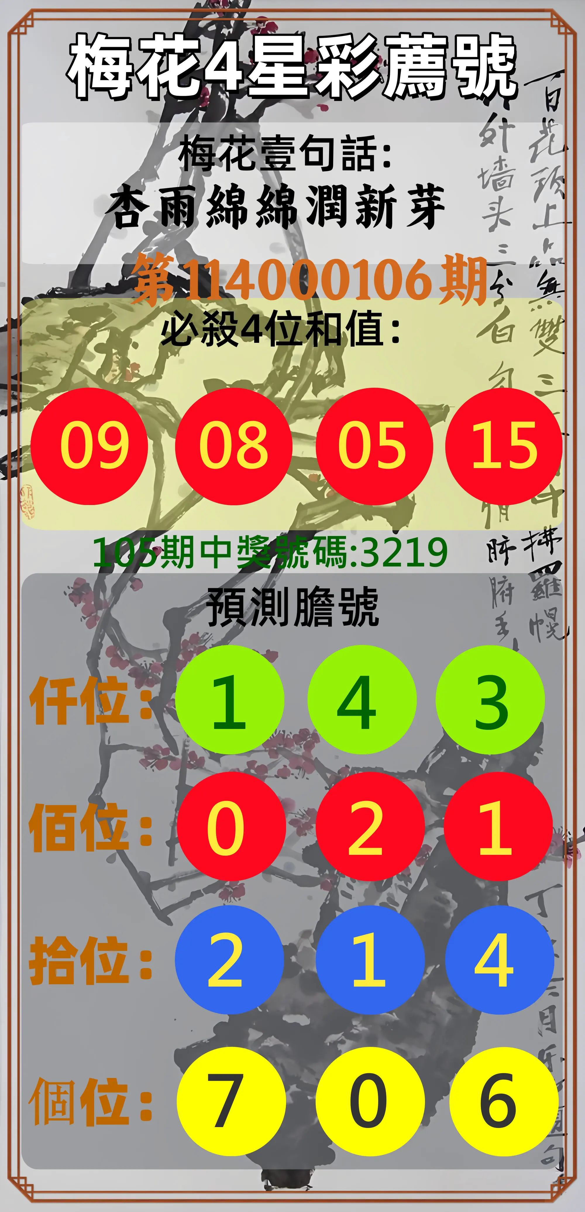4星彩第114000106期梅花4星彩薦號