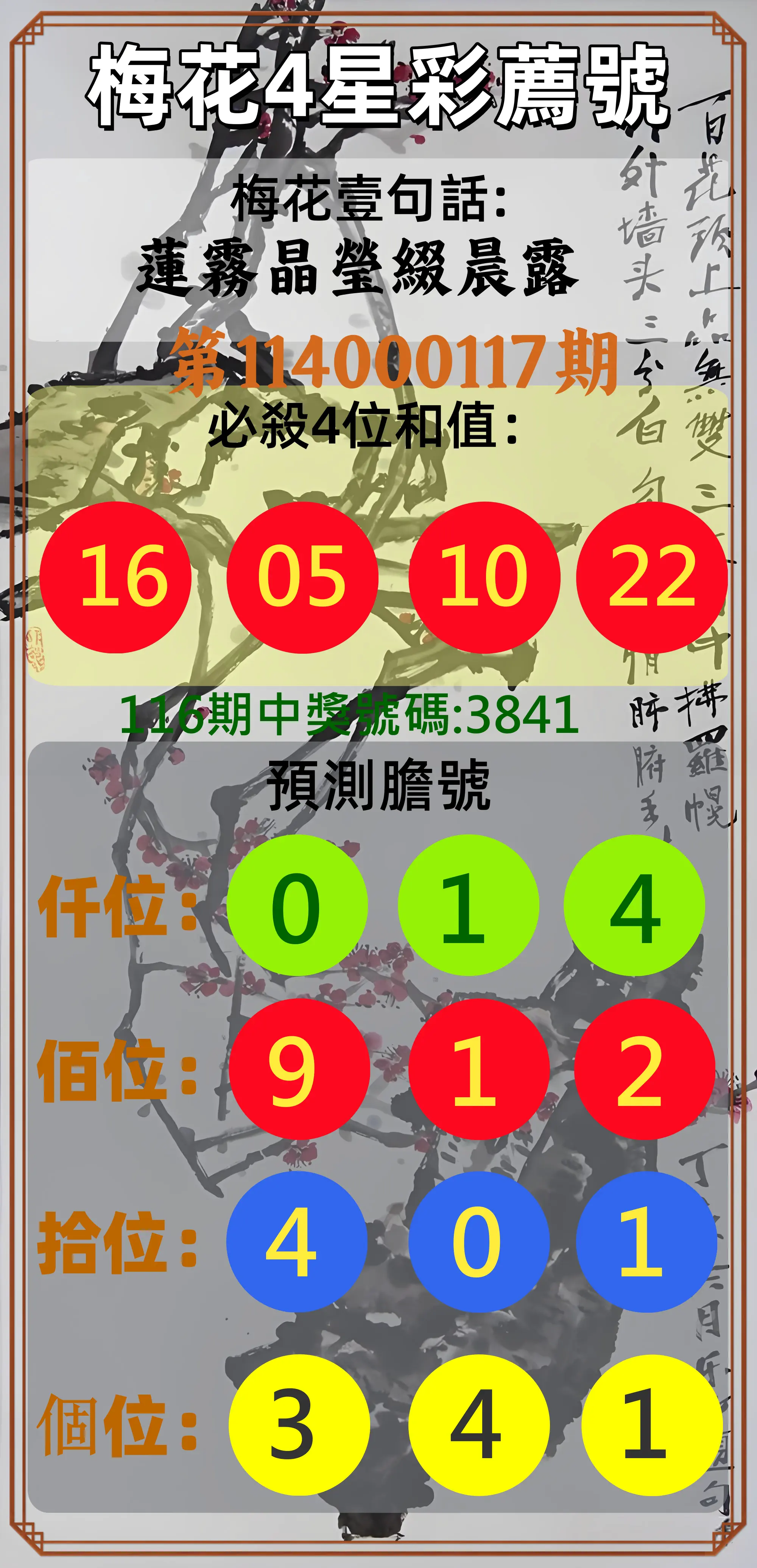 4星彩第114000117期梅花4星彩薦號