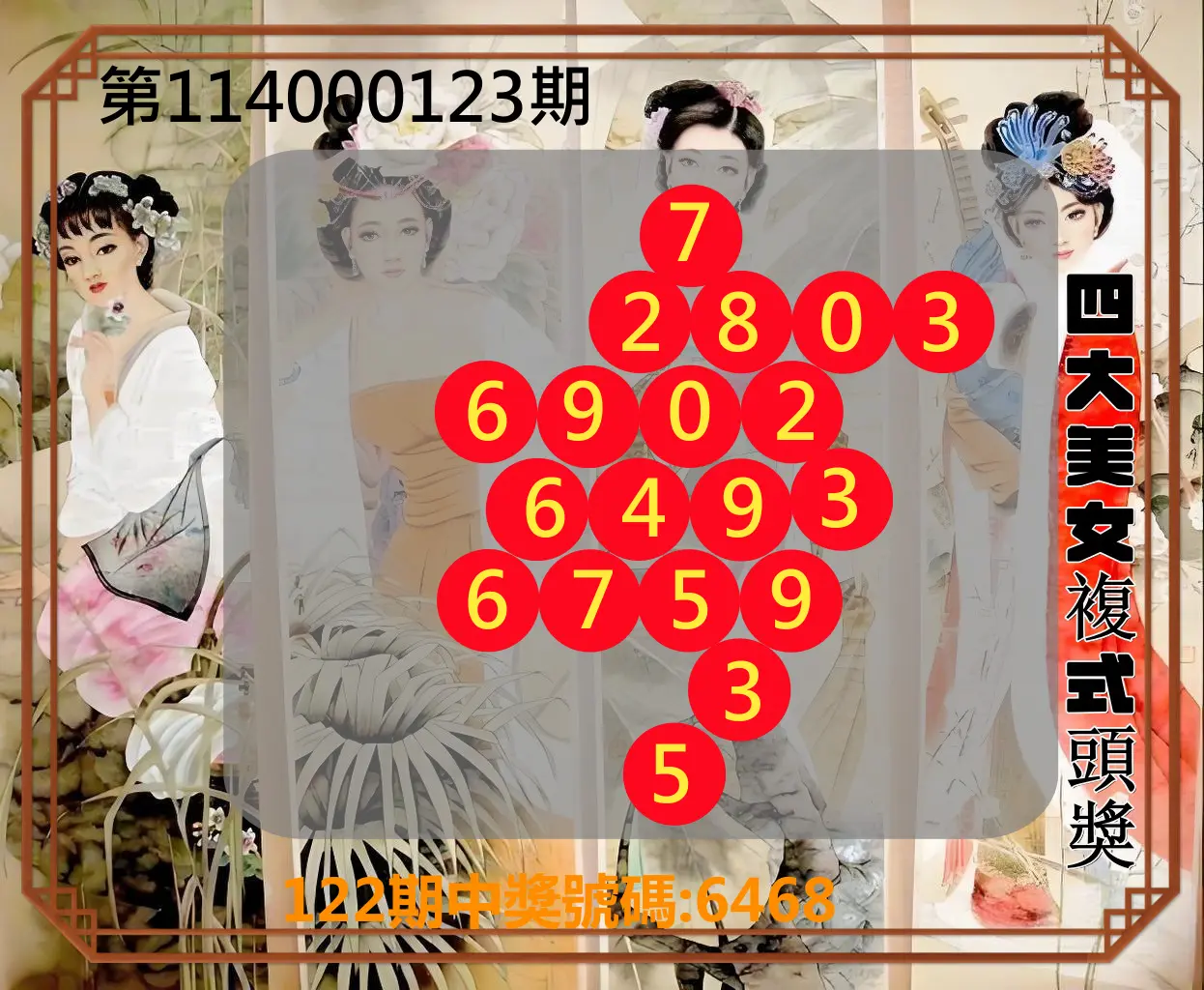 4星彩第114000123期四大美女複式頭獎