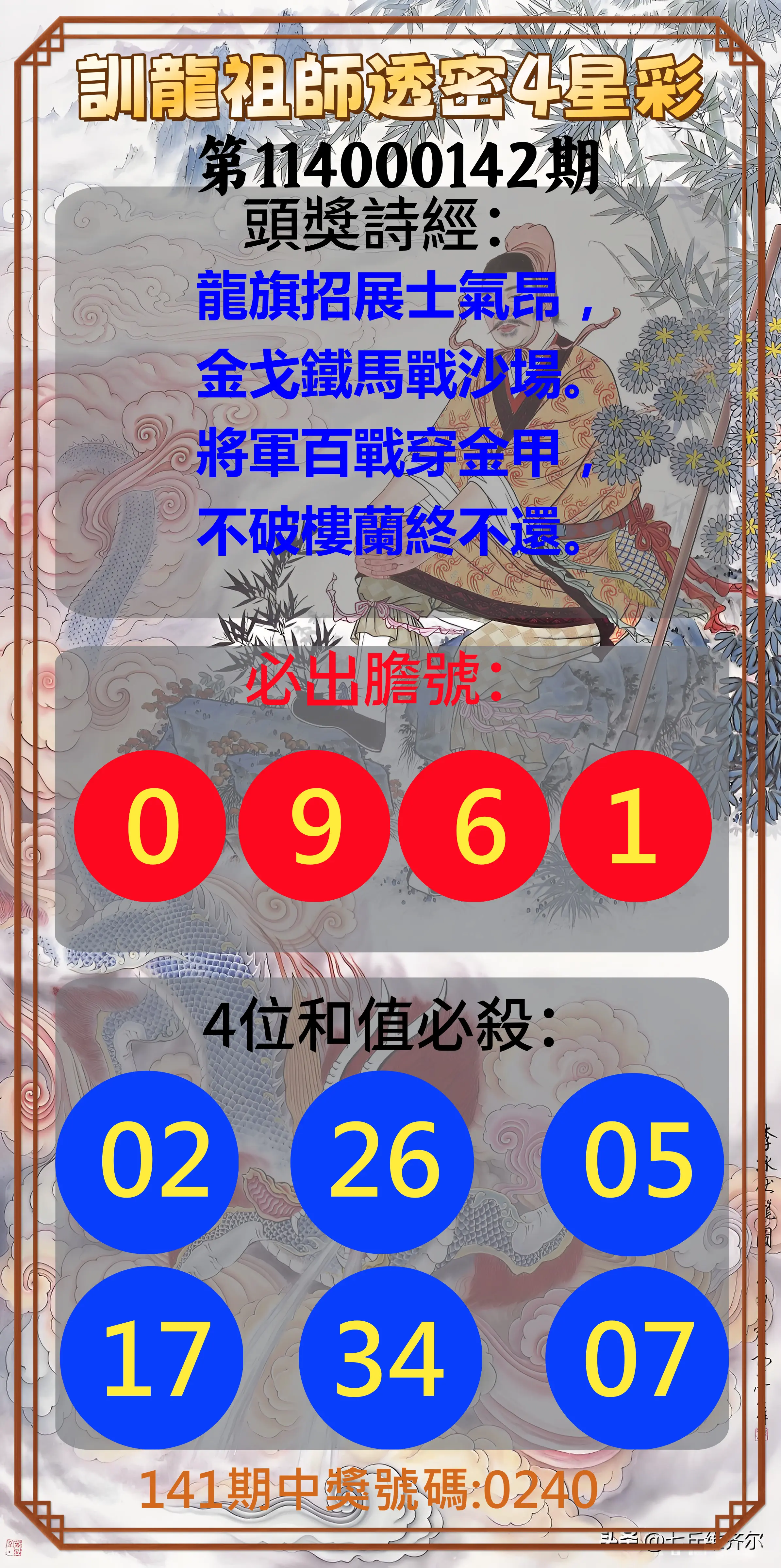 4星彩第114000142期訓龍祖師透密4星彩