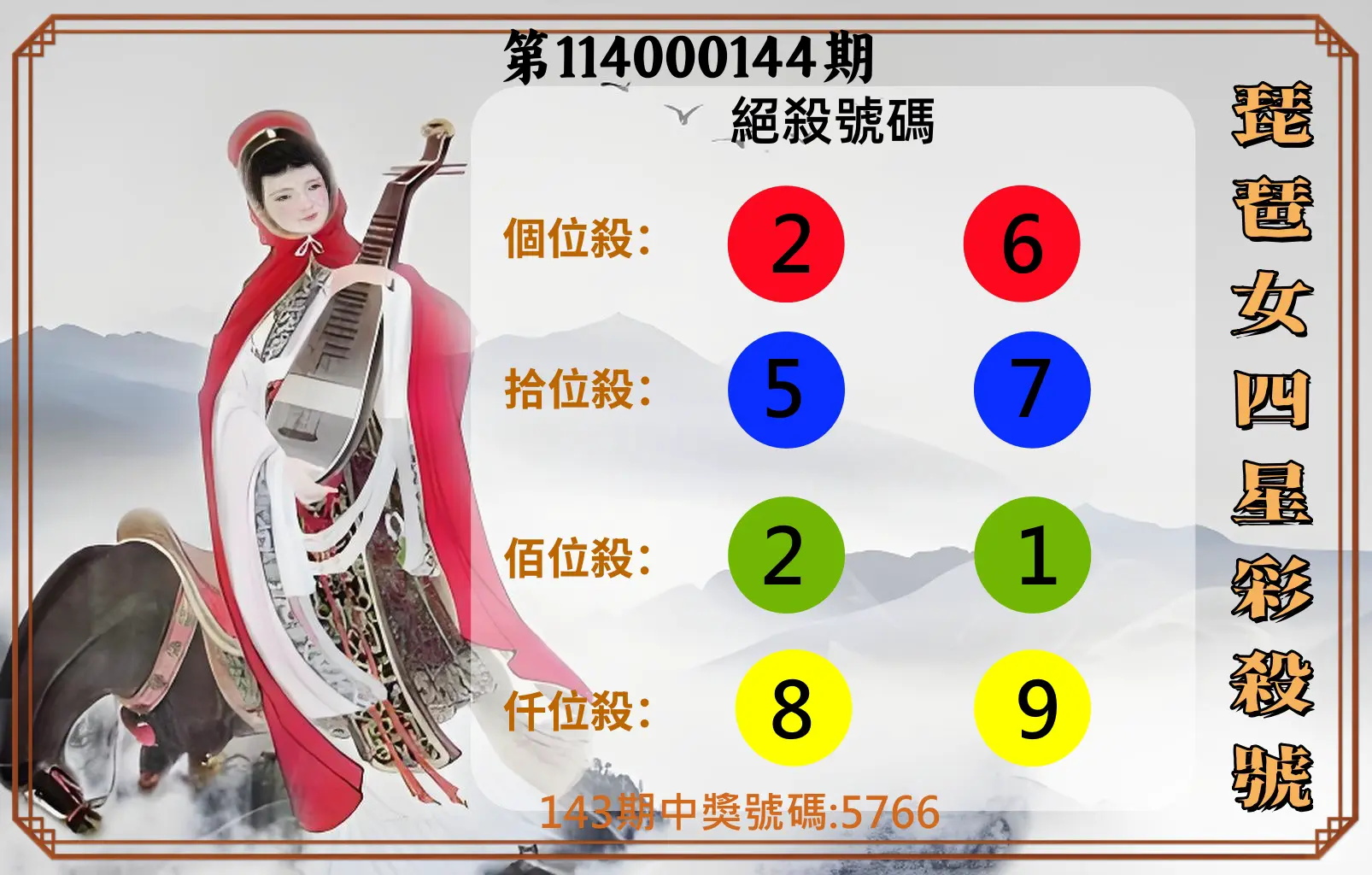 4星彩第114000144期琵琶女四星彩殺號