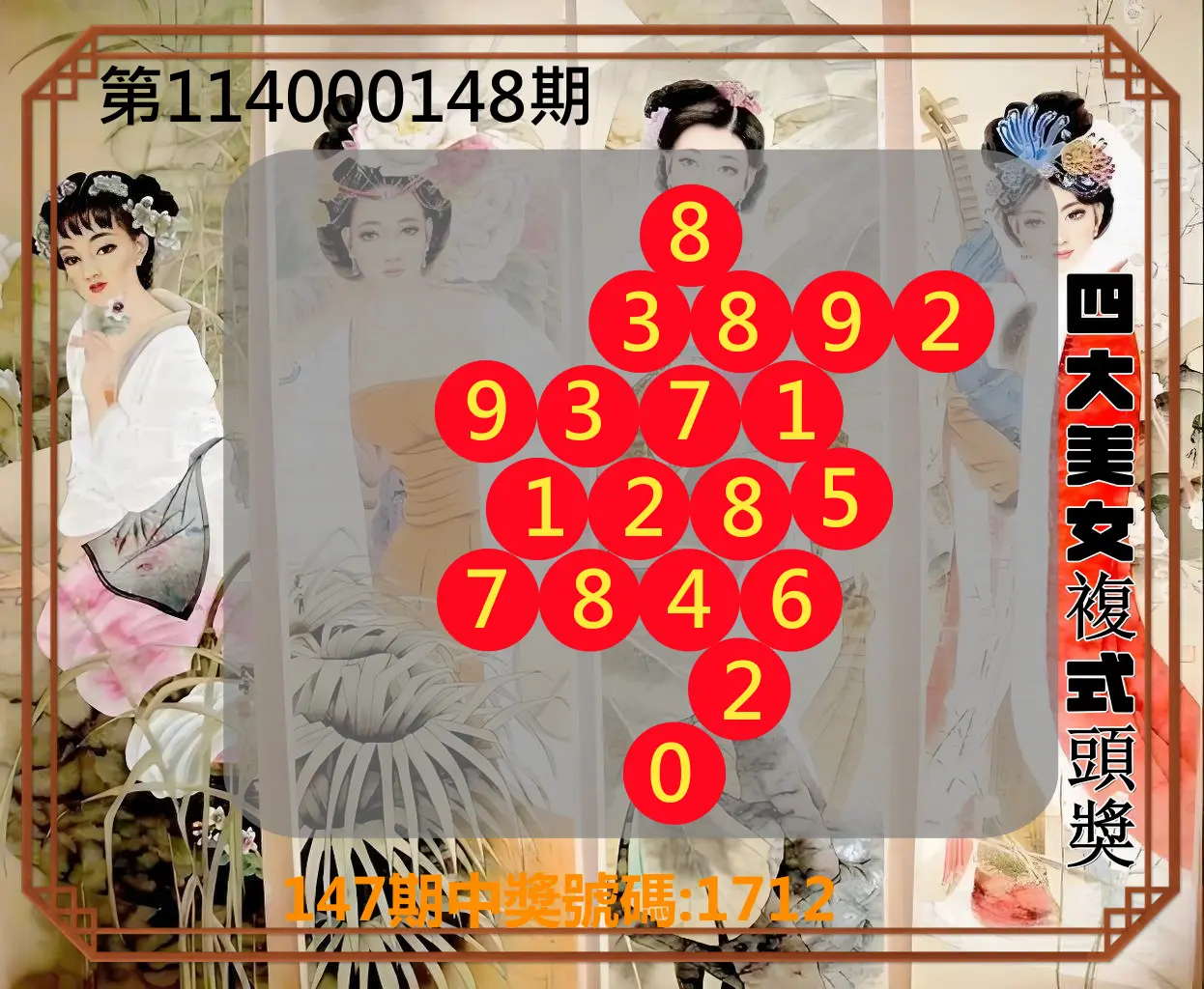 4星彩第114000148期四大美女複式頭獎
