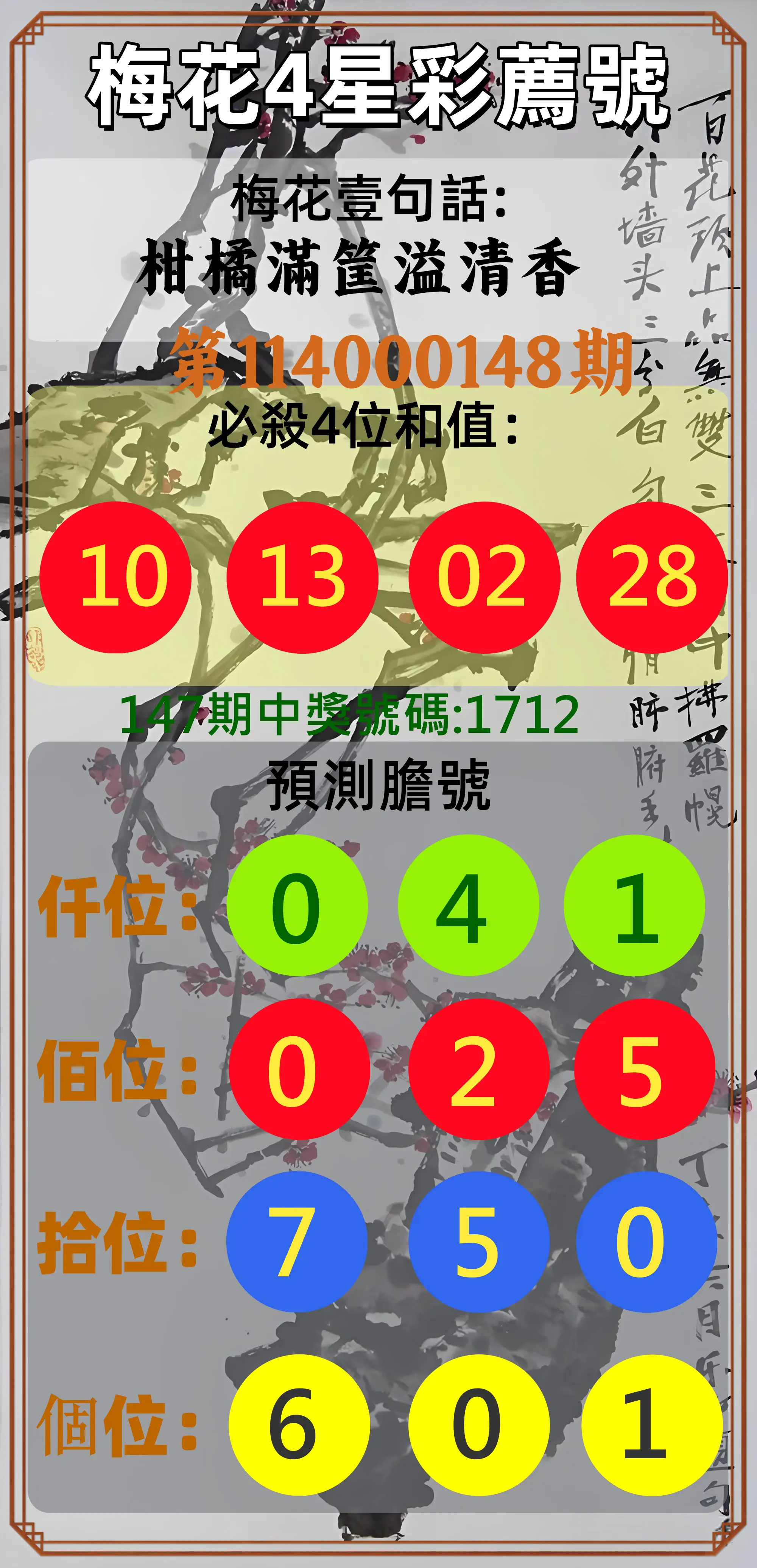 4星彩第114000148期梅花4星彩薦號
