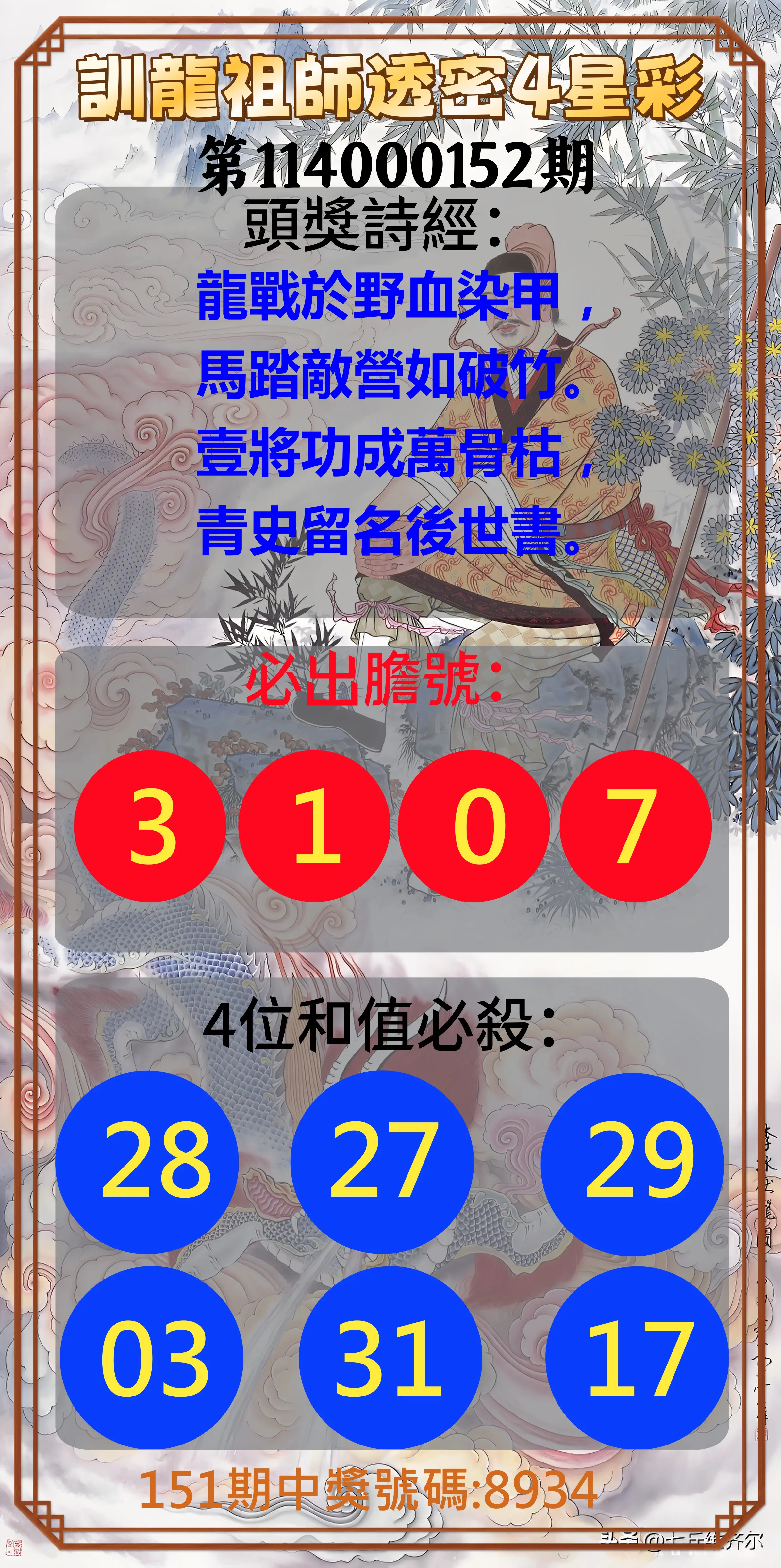 4星彩第114000152期訓龍祖師透密4星彩