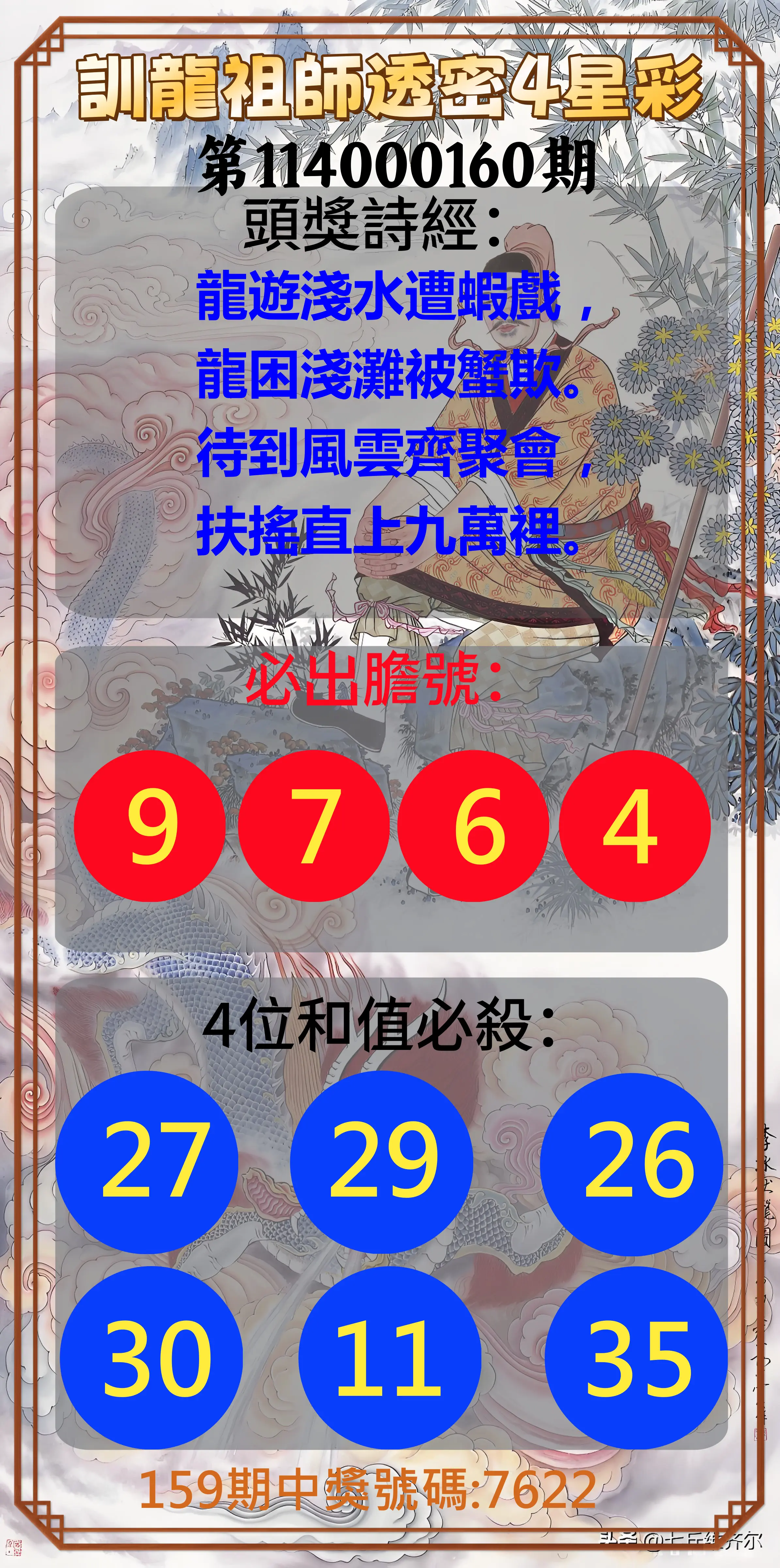 4星彩第114000160期(07/03)訓龍祖師透密4星彩