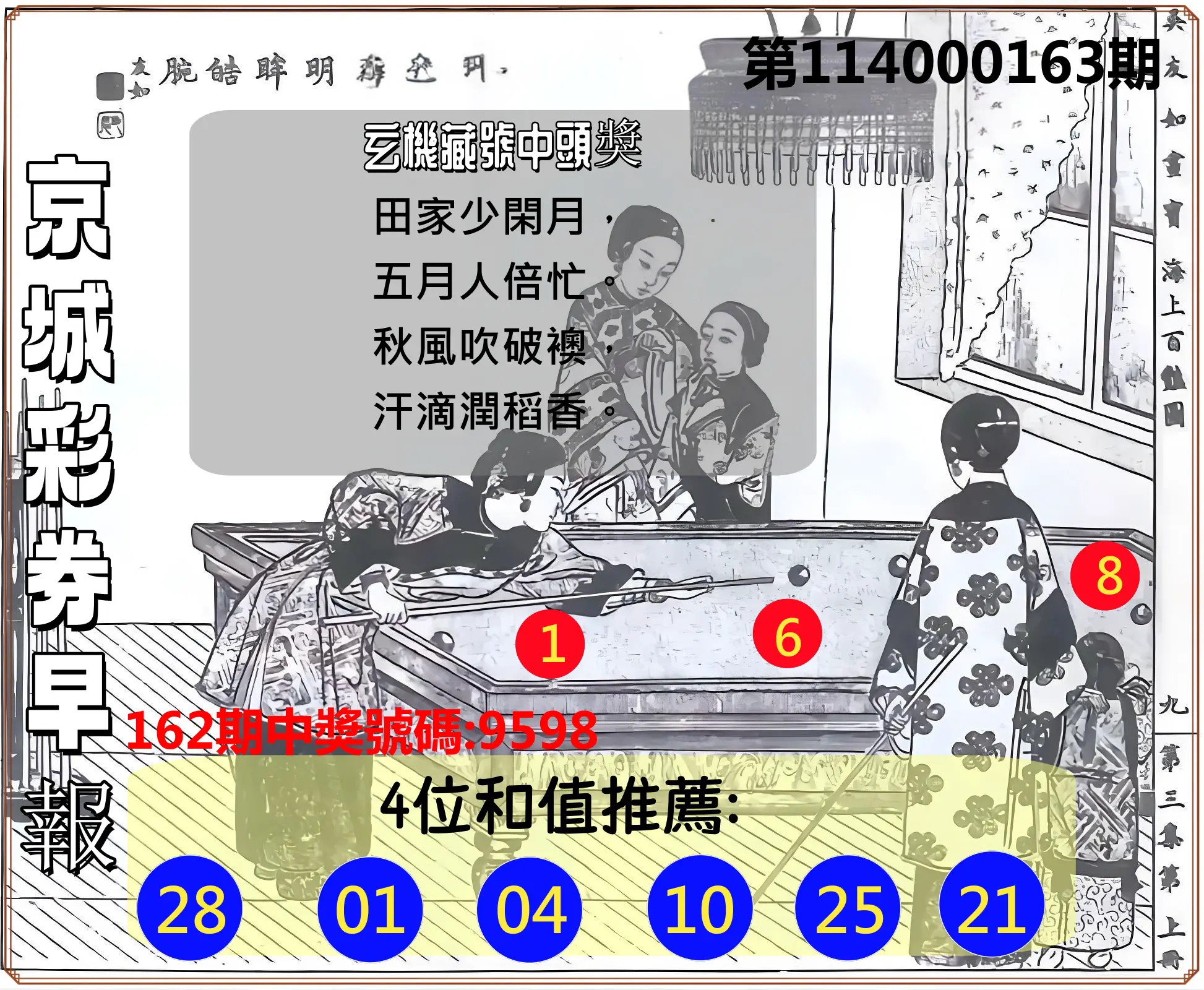 4星彩第114000163期(07/07)京城彩券早報
