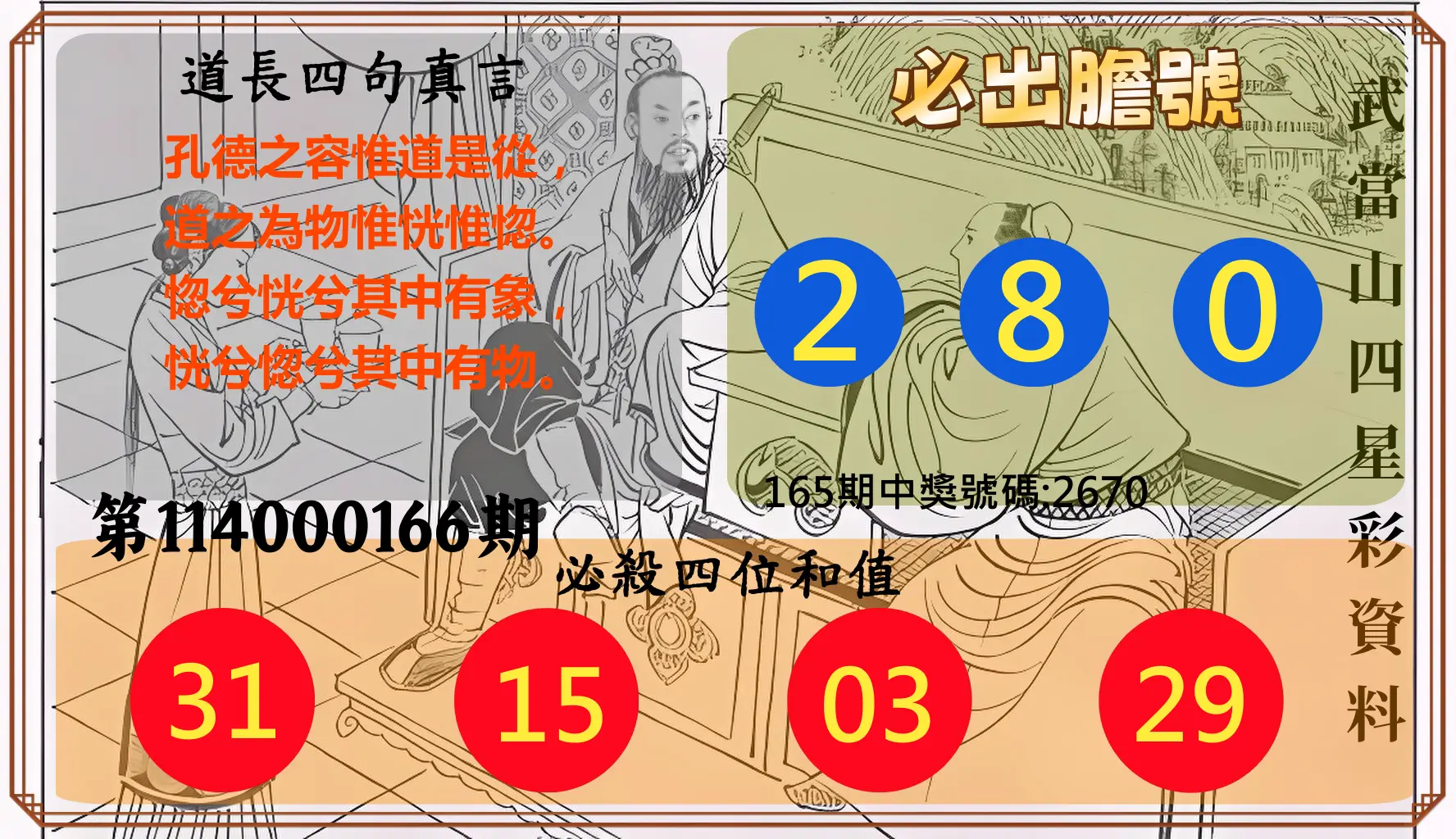 4星彩第114000166期(07/09)武當山四星彩資料