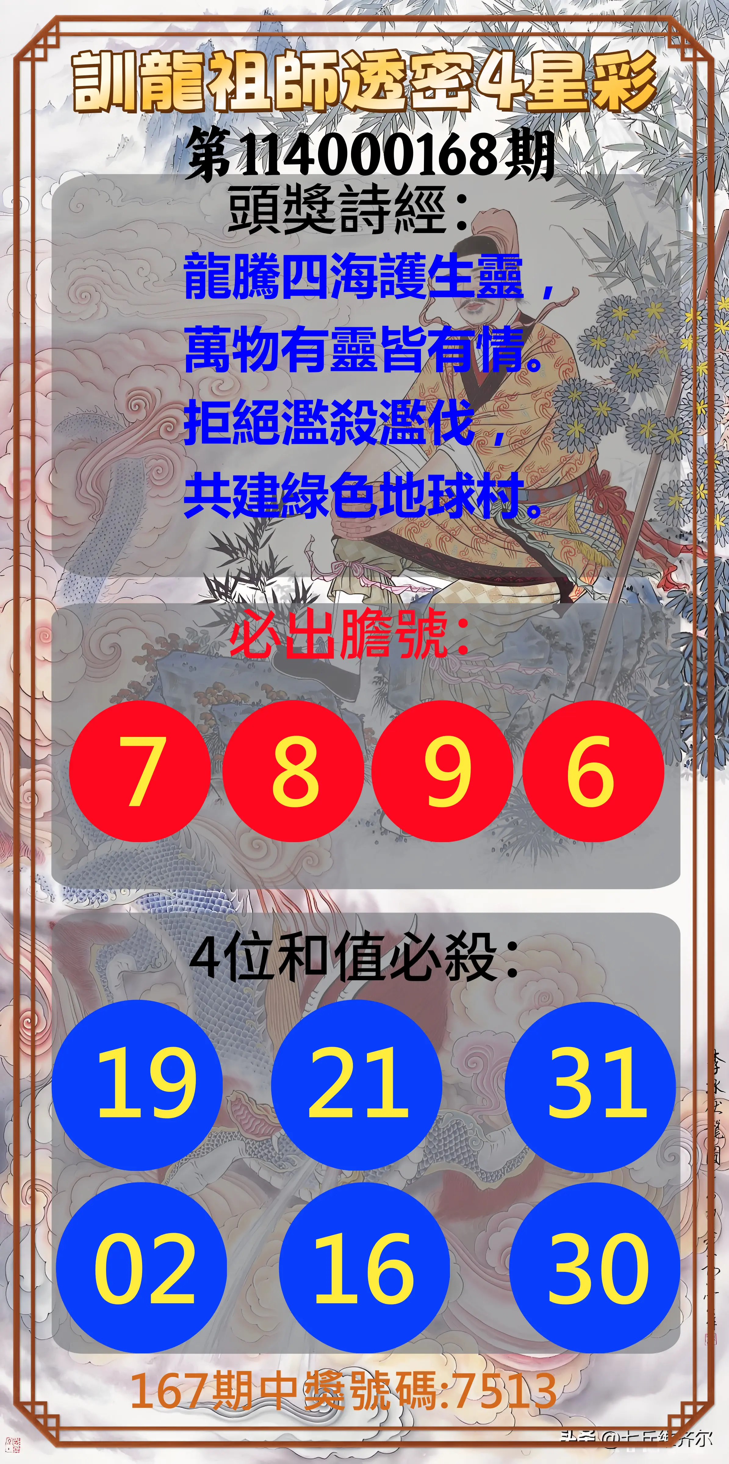 4星彩第114000168期(07/11)訓龍祖師透密4星彩