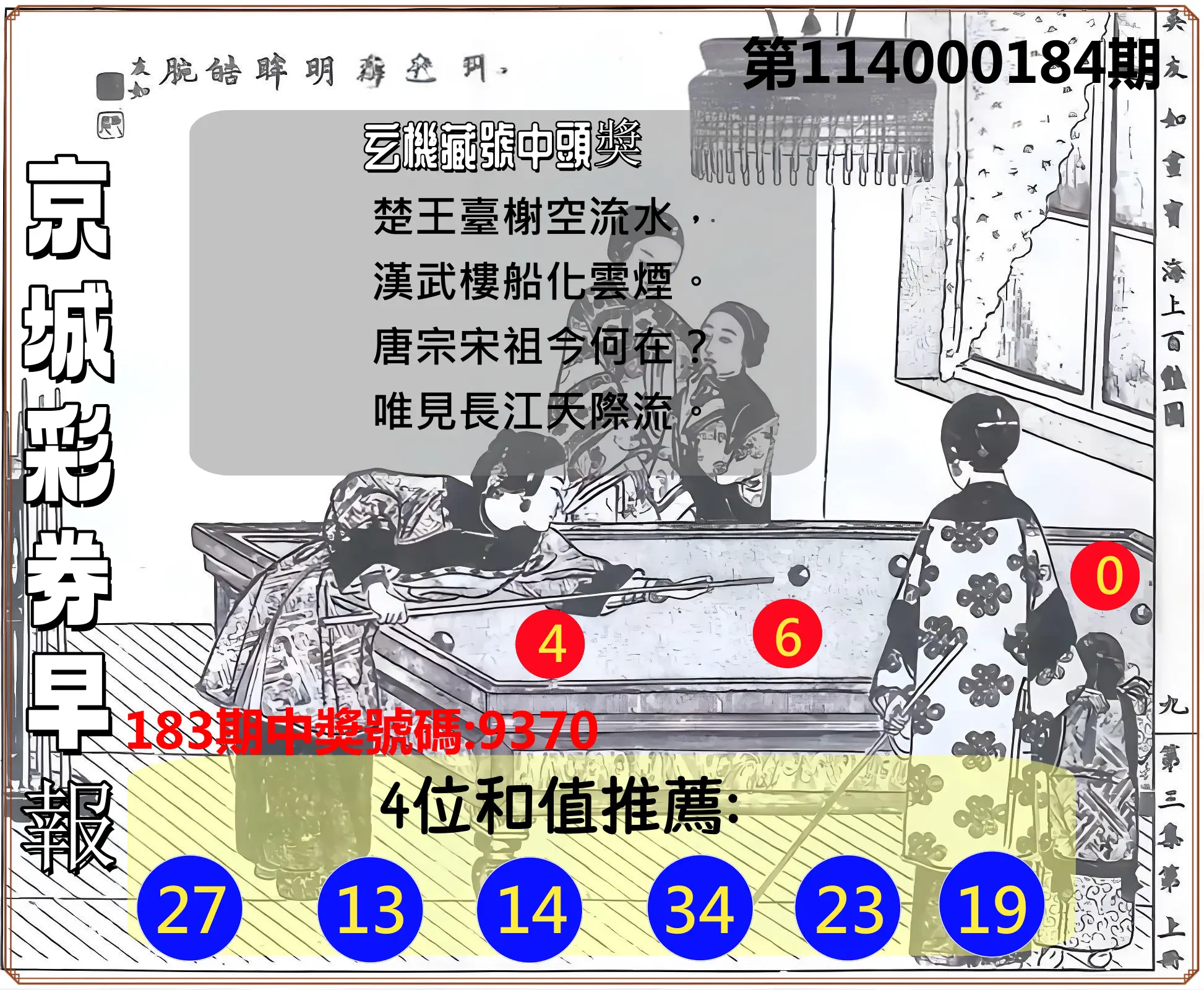 4星彩第114000184期(07/30)京城彩券早報