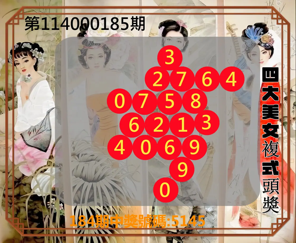 4星彩第114000185期(07/31)四大美女複式頭獎