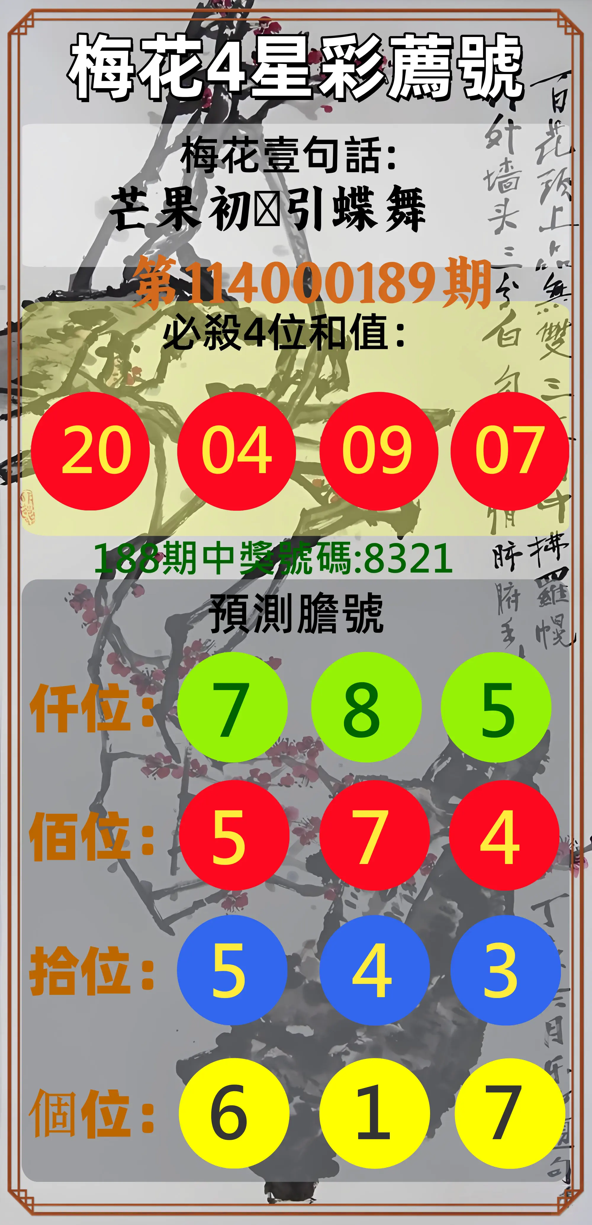 4星彩第114000189期(08/05)梅花4星彩薦號
