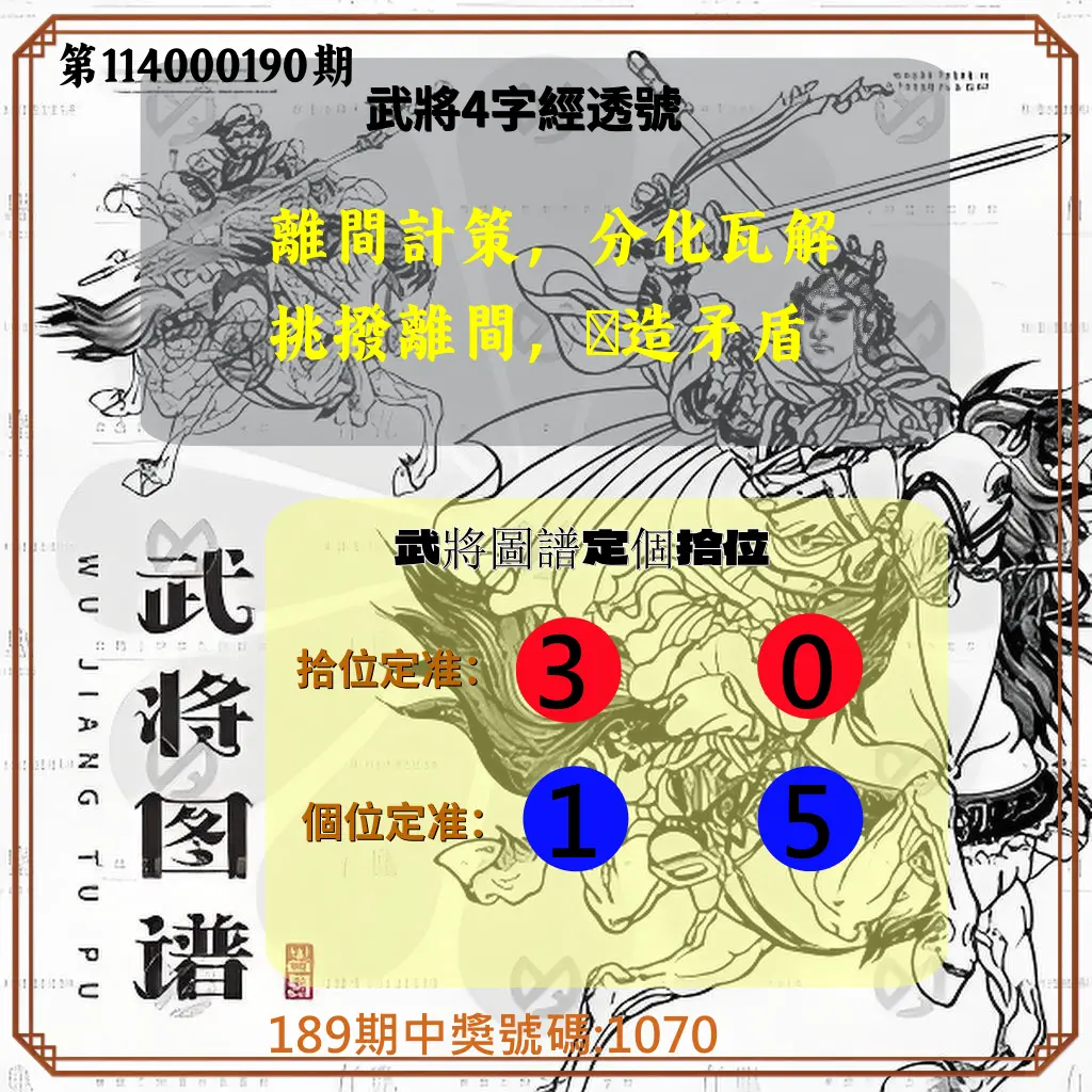 4星彩第114000190期(08/06)武將圖譜