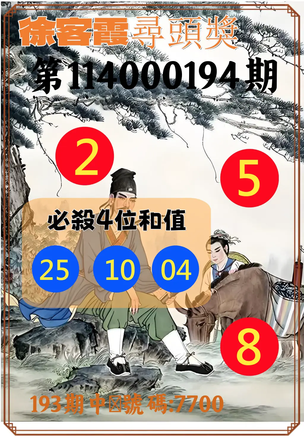 4星彩第114000194期(08/11)徐客霞尋頭獎