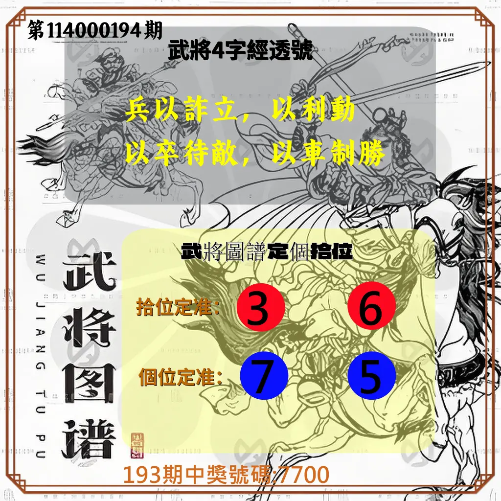 4星彩第114000194期(08/11)武將圖譜
