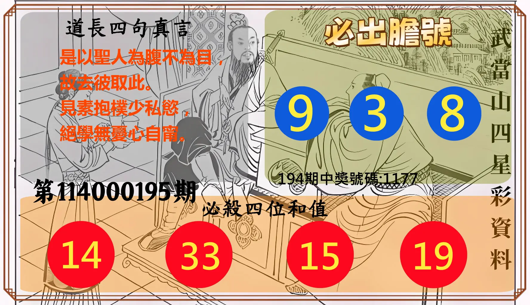 4星彩第114000195期(08/12)武當山四星彩資料