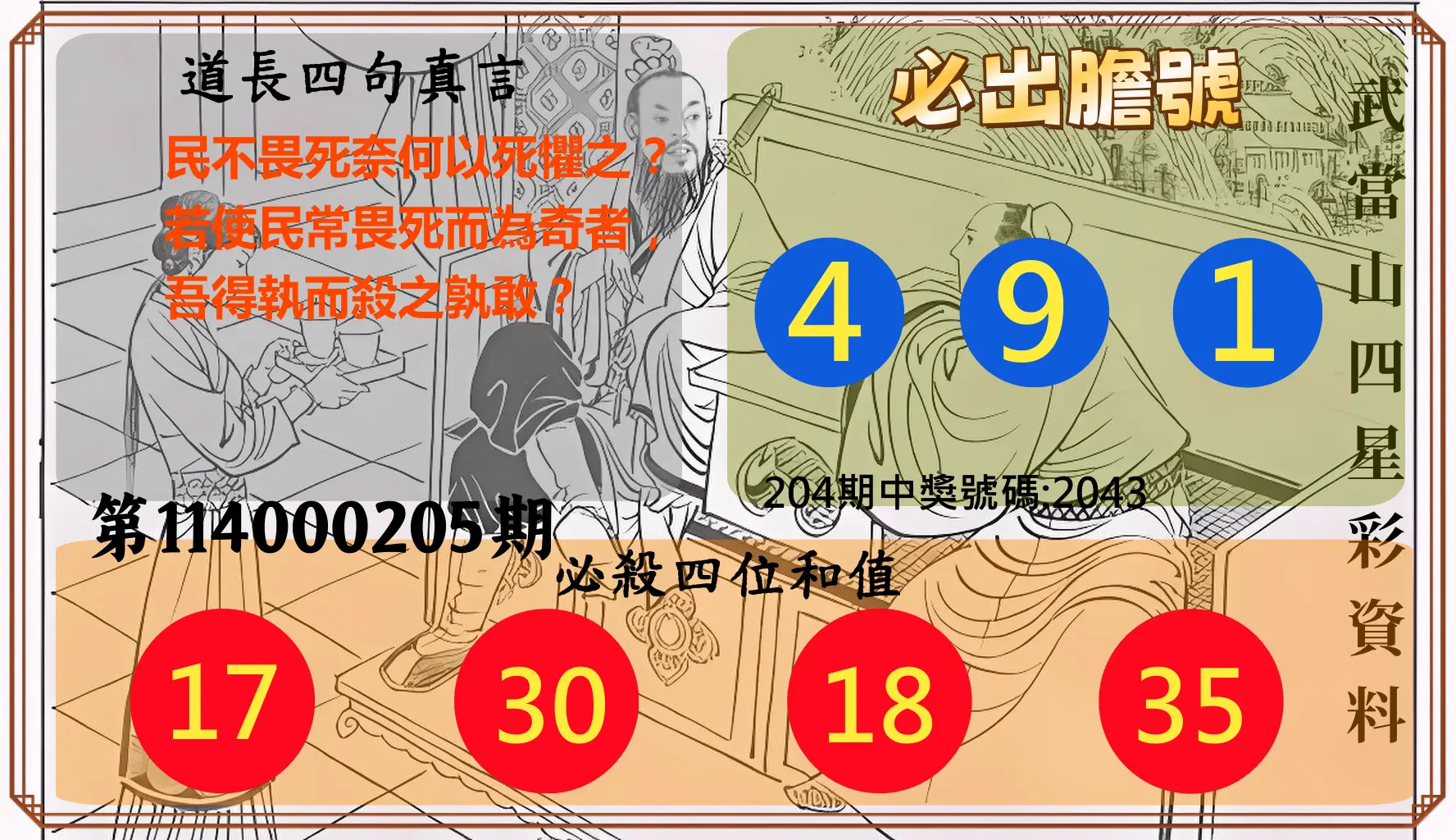 4星彩第114000205期(08/23)武當山四星彩資料
