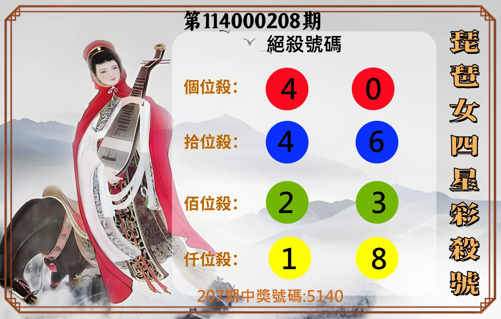 4星彩第114000208期(08/27)琵琶女四星彩殺號