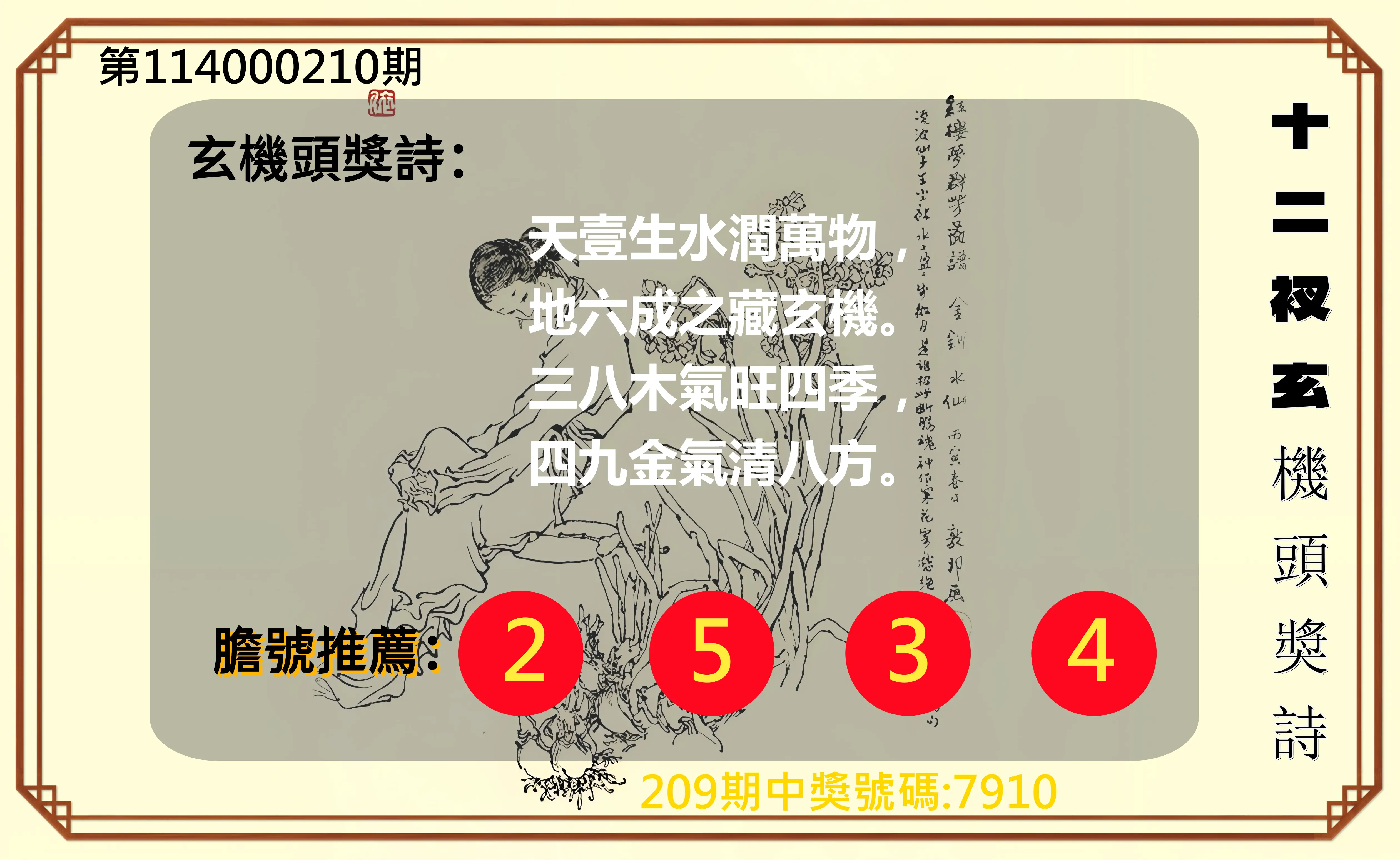 4星彩第114000210期(08/29)十二衩玄機頭獎詩