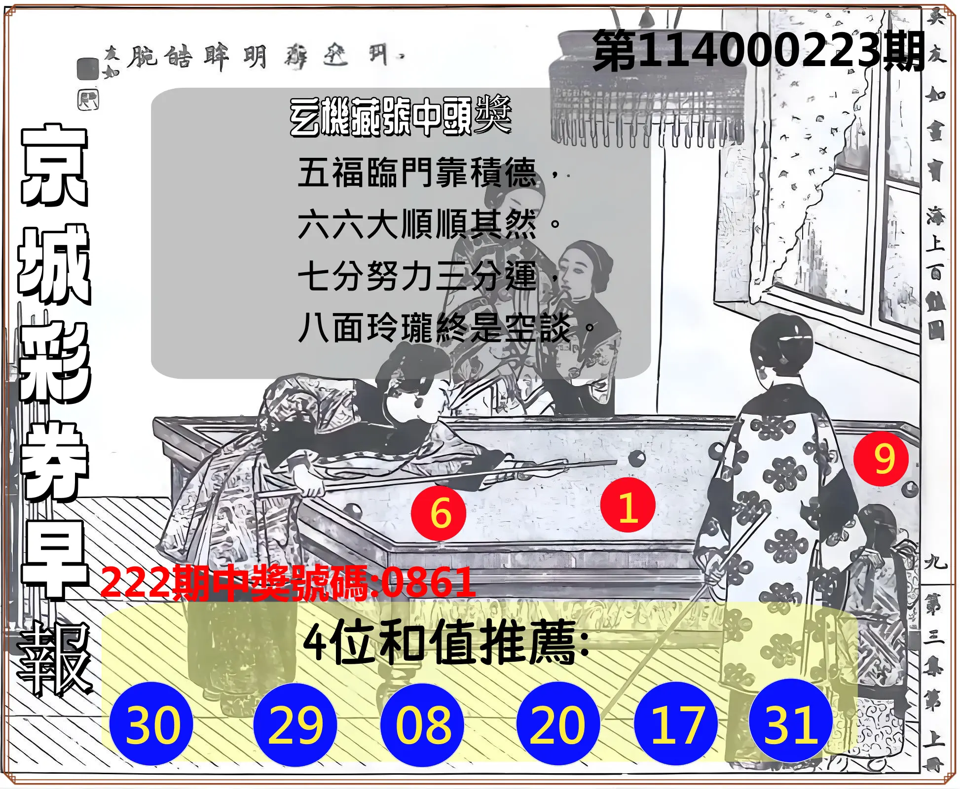 4星彩第114000223期(09/13)京城彩券早報