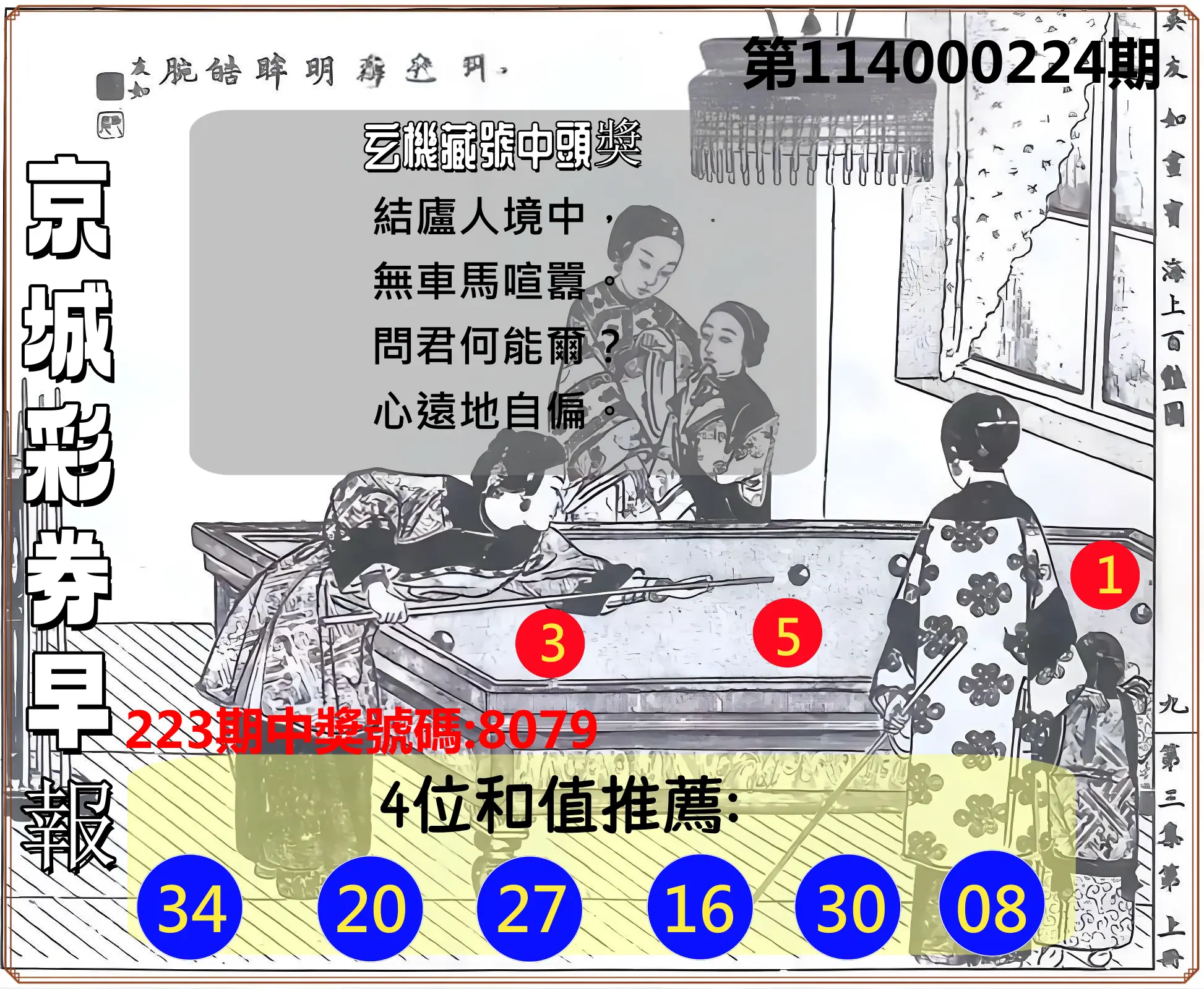 4星彩第114000224期(09/15)京城彩券早報