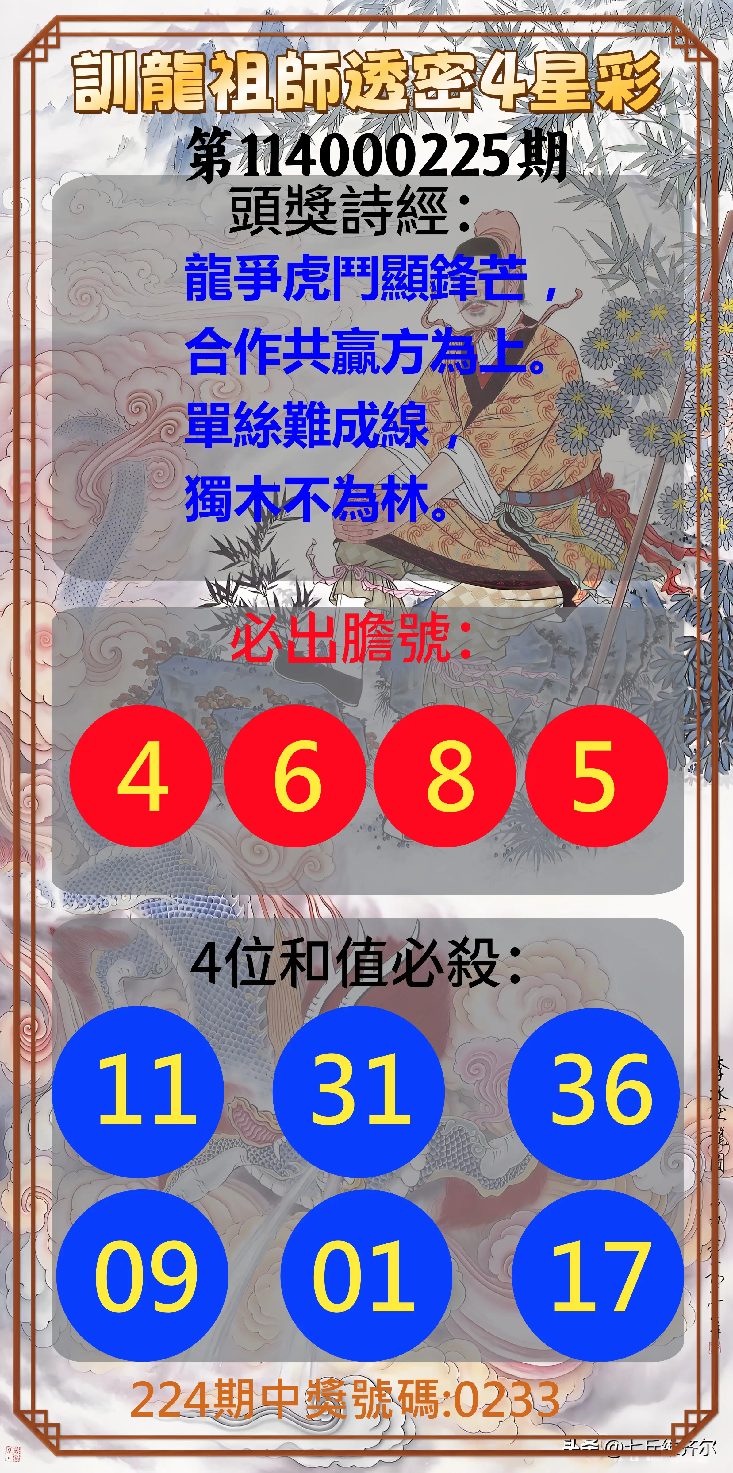 4星彩第114000225期(09/16)訓龍祖師透密4星彩