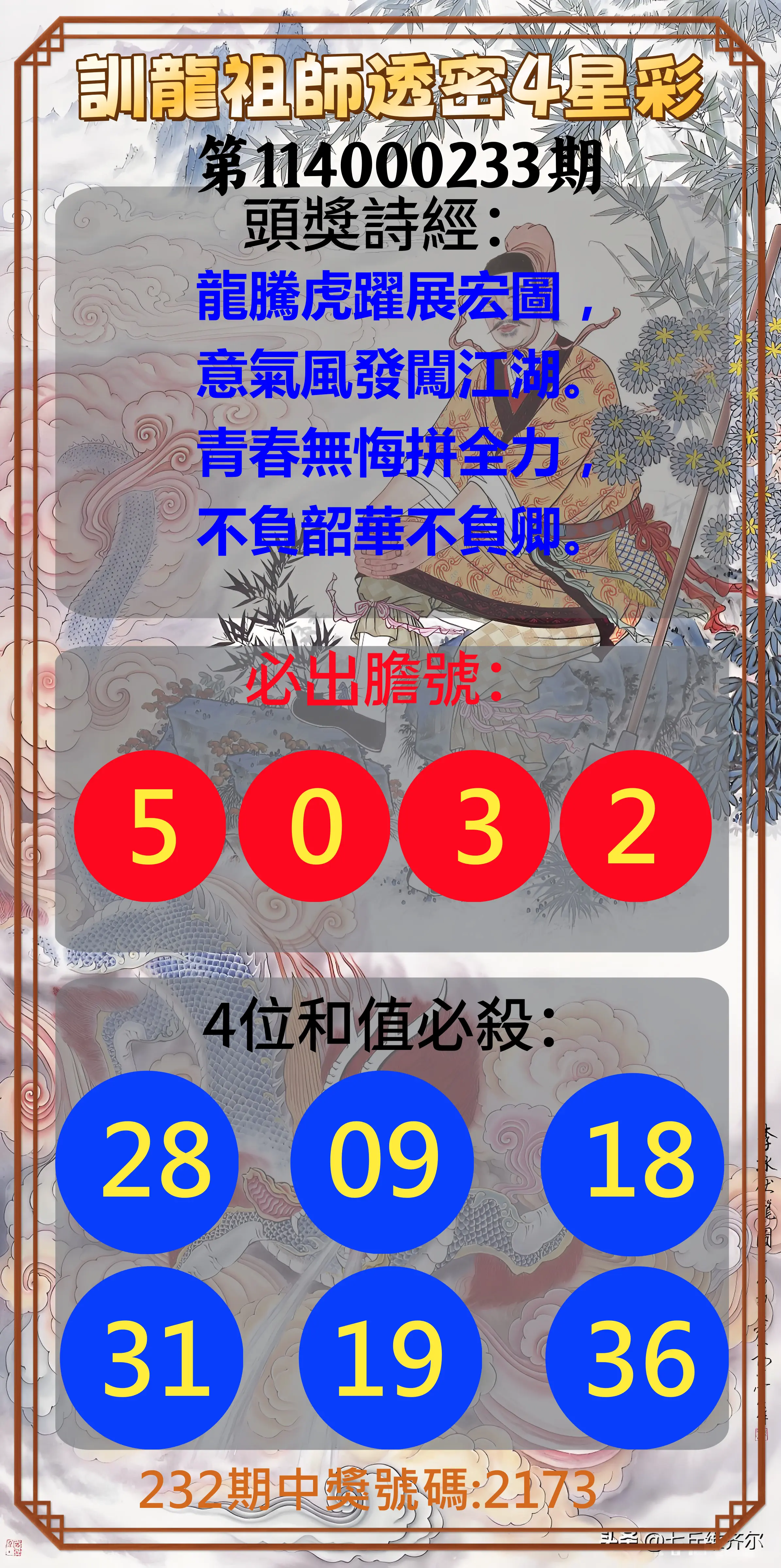 4星彩第114000233期(09/25)訓龍祖師透密4星彩