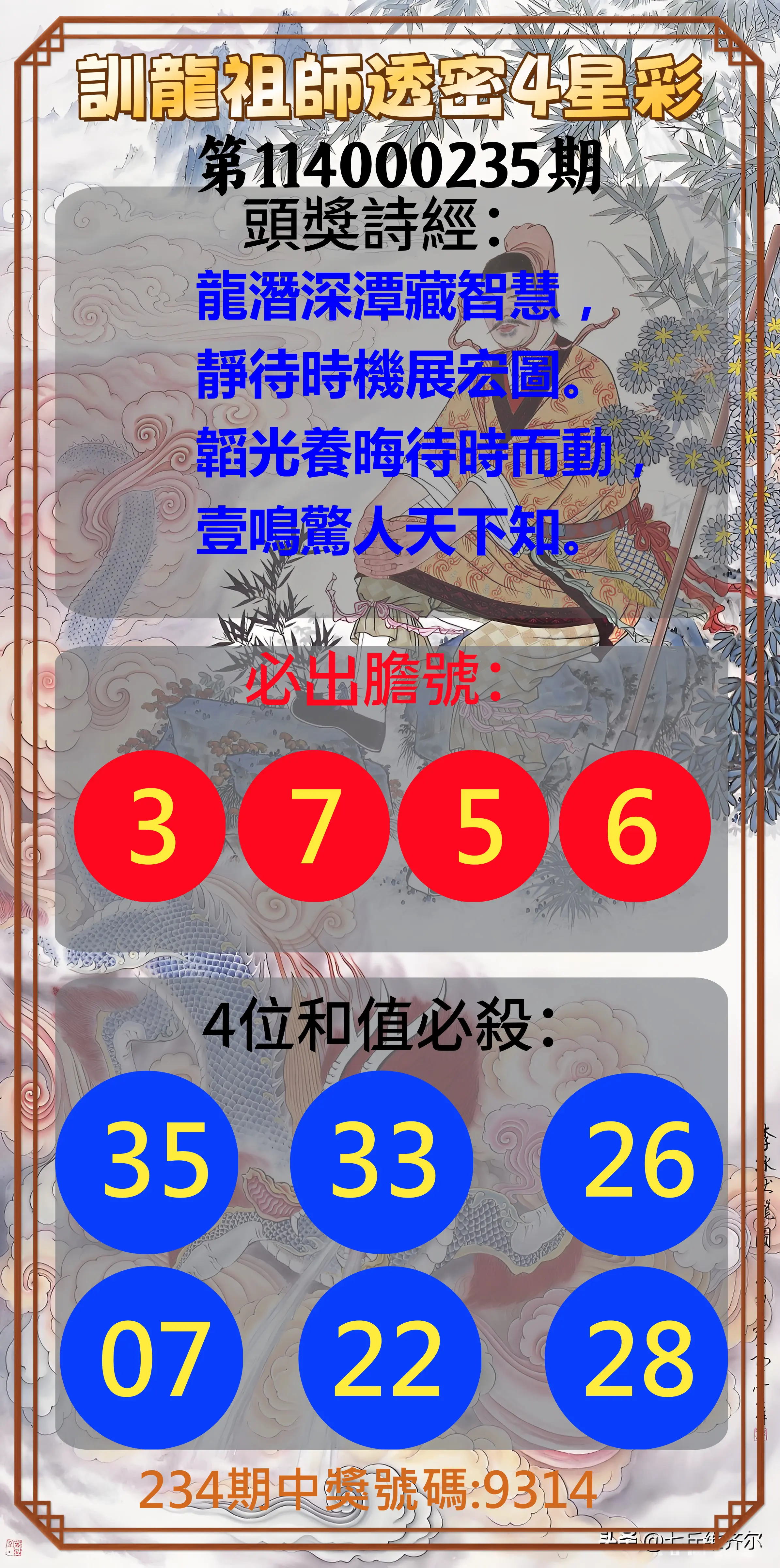 4星彩第114000235期(09/27)訓龍祖師透密4星彩