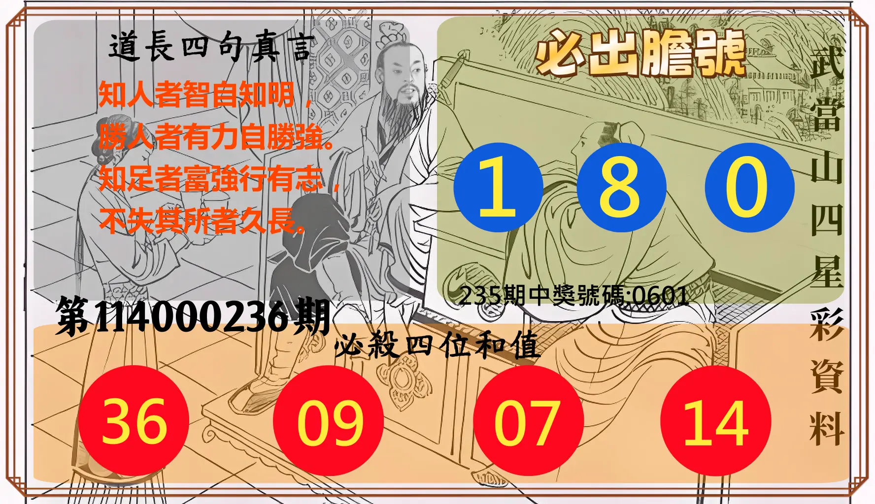 4星彩第114000236期(09/29)武當山四星彩資料