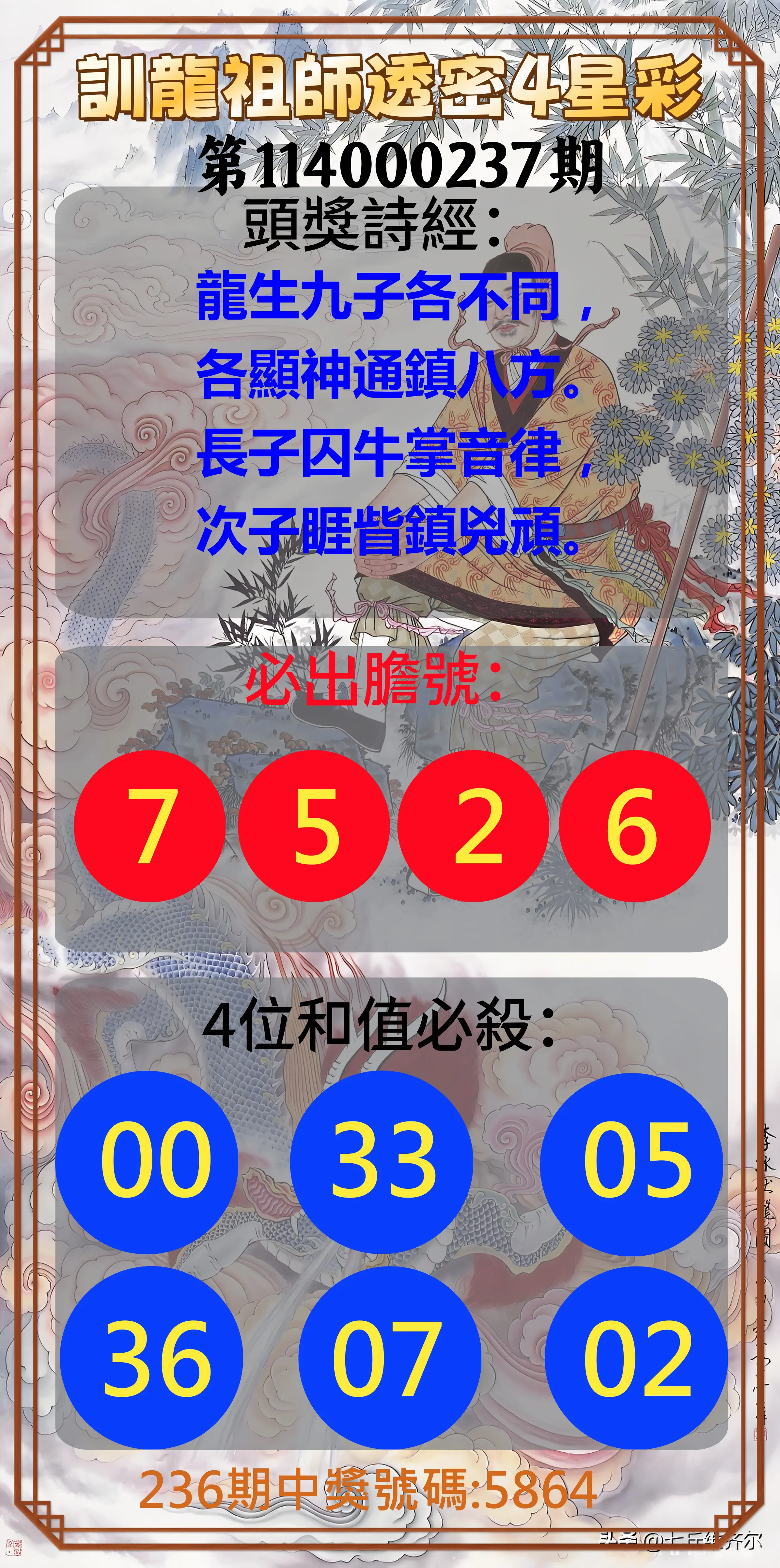 4星彩第114000237期(09/30)訓龍祖師透密4星彩