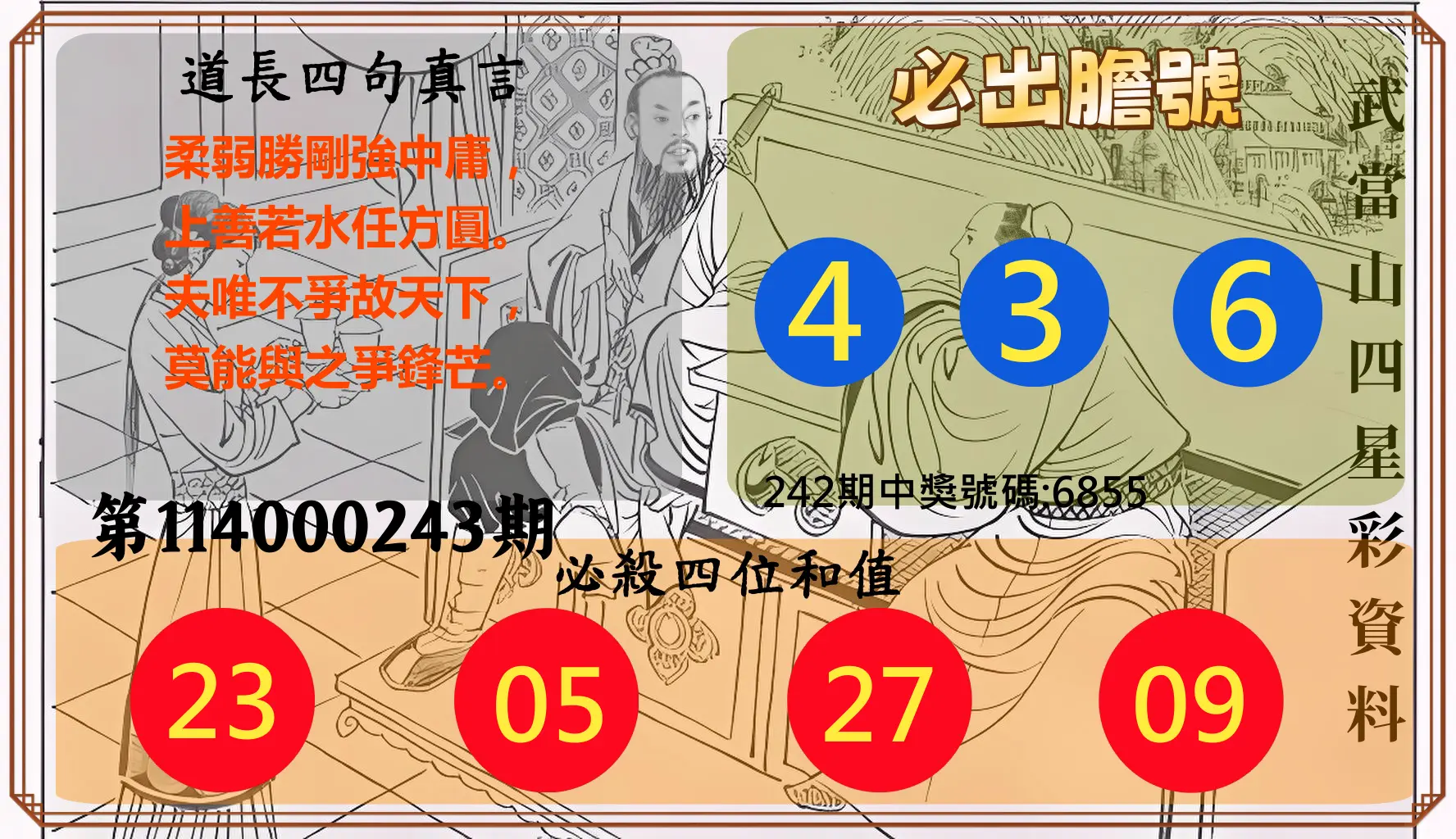 4星彩第114000243期(10/07)武當山四星彩資料