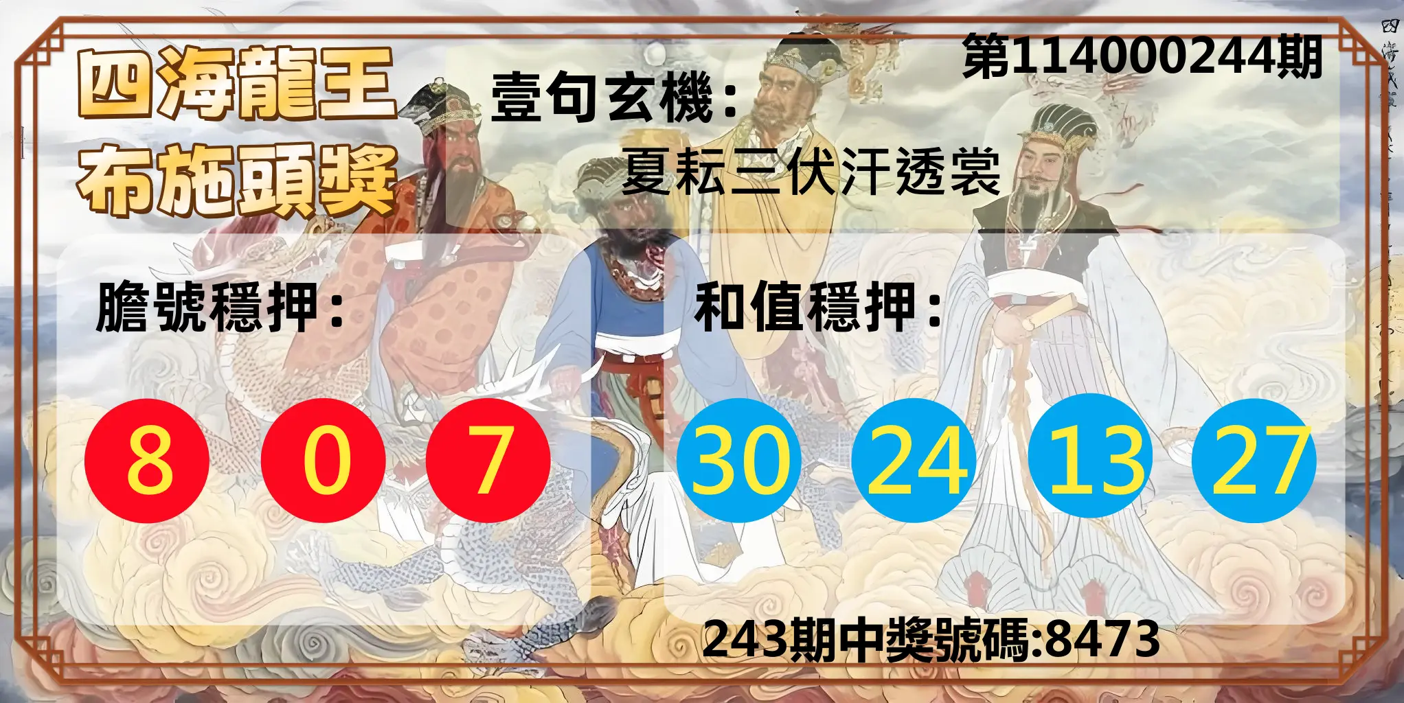 4星彩第114000244期(10/08)四海龍王布施頭獎