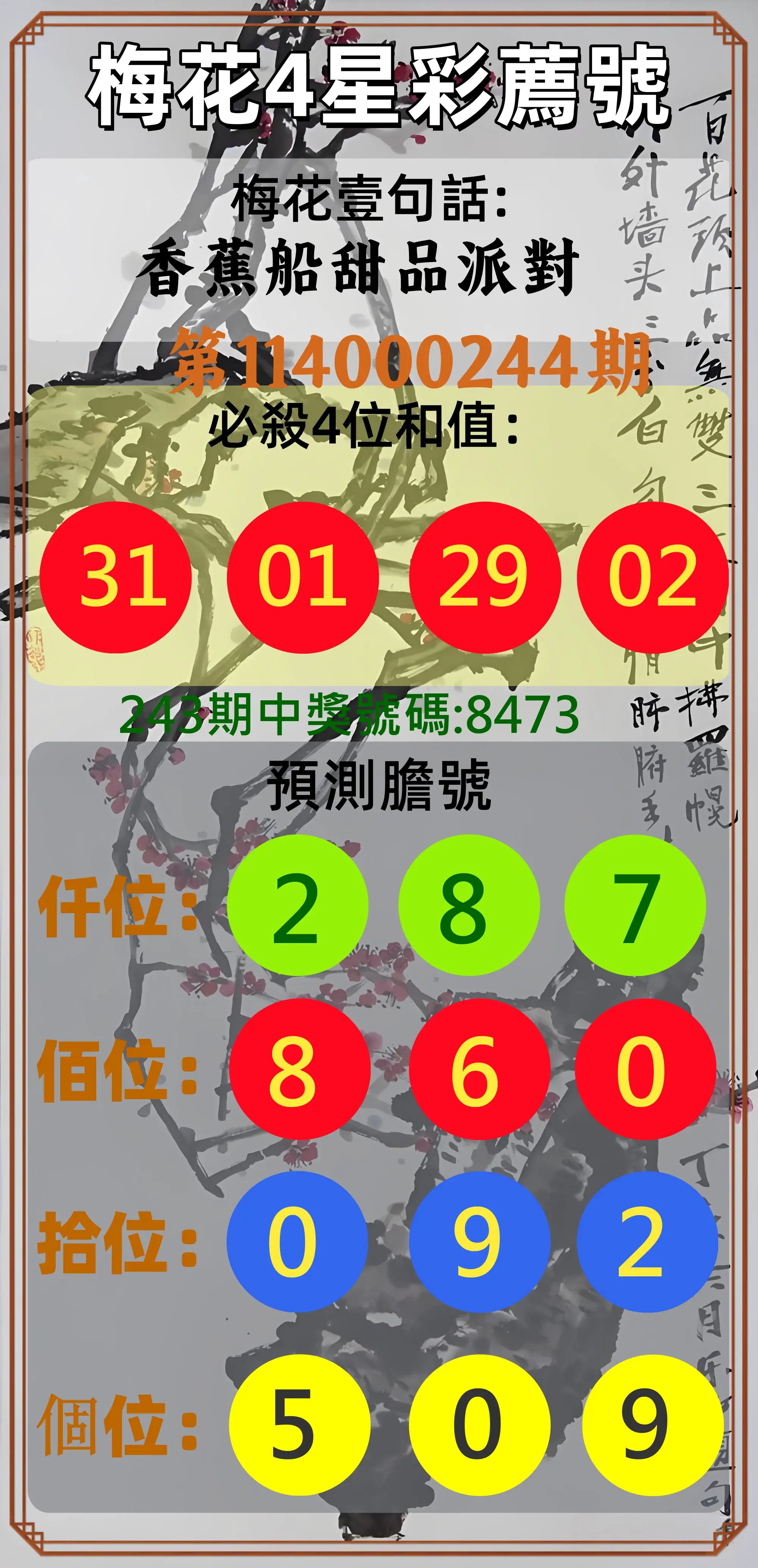 4星彩第114000244期(10/08)梅花4星彩薦號