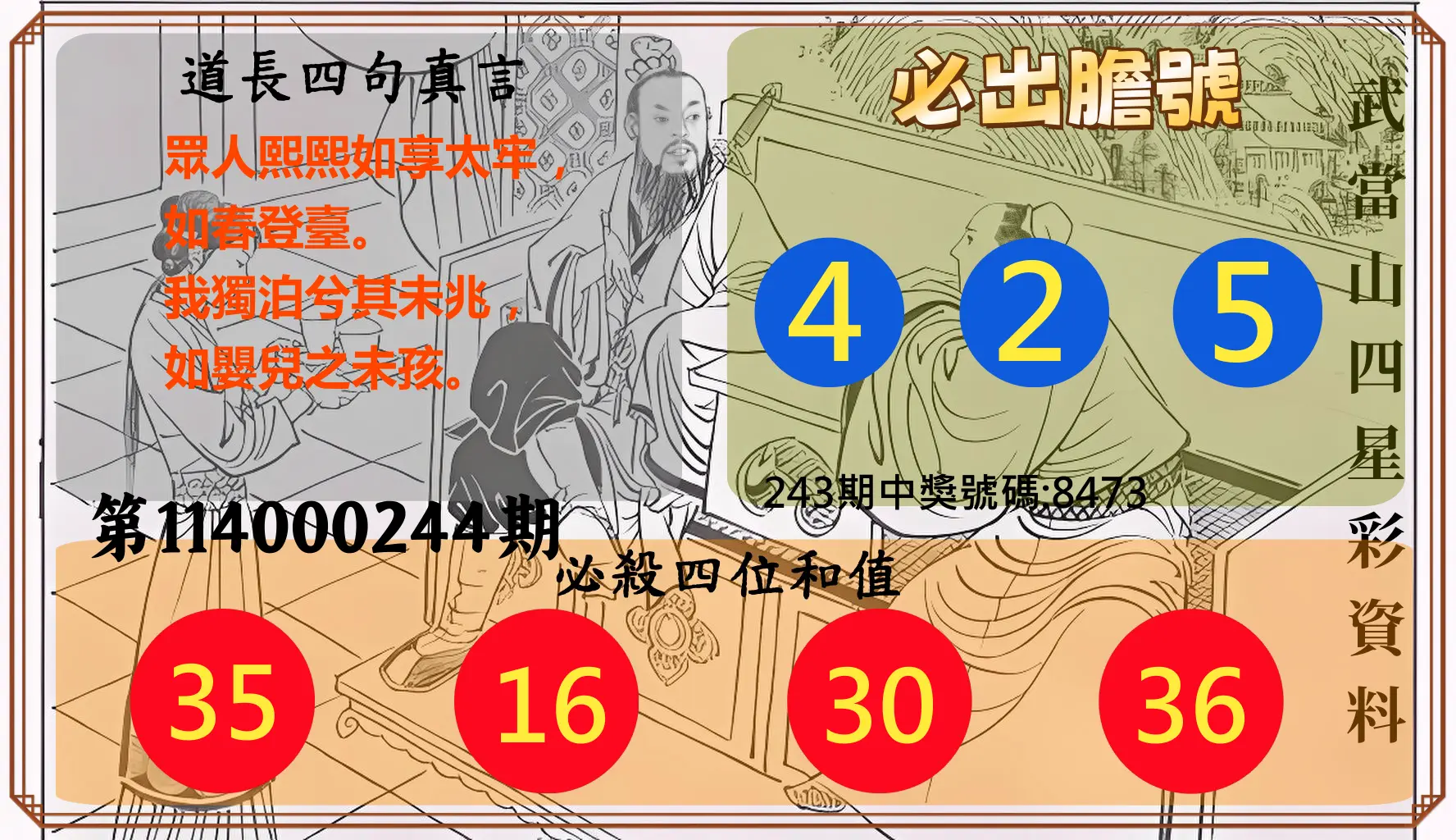 4星彩第114000244期(10/08)武當山四星彩資料