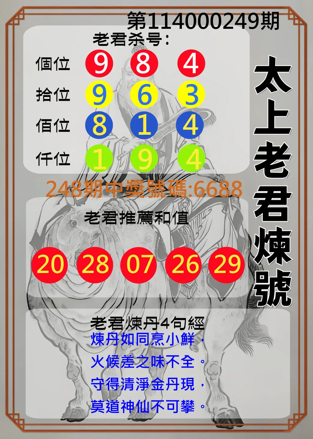 4星彩第114000249期(10/14)太上老君煉號