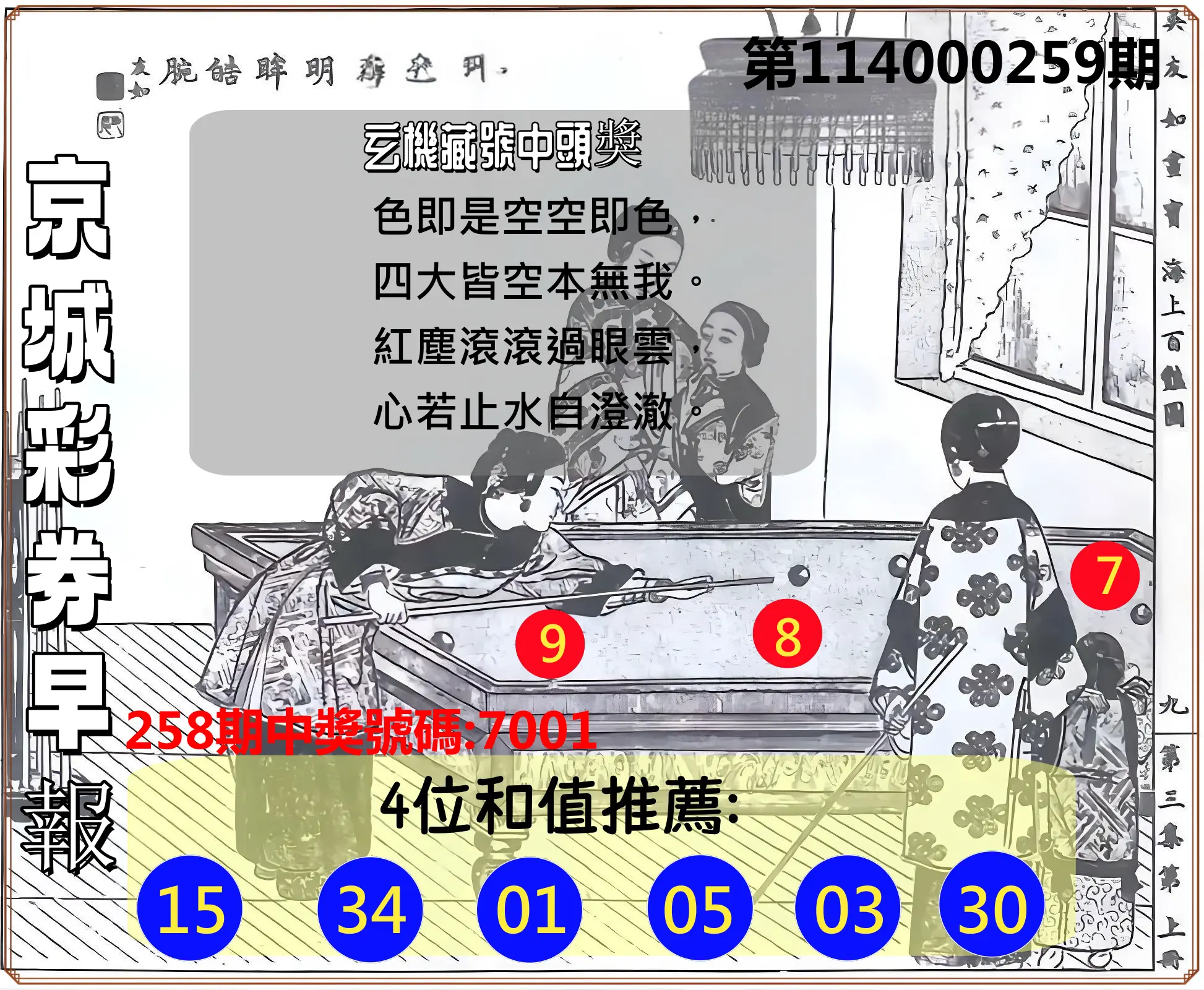 4星彩第114000259期(10/25)京城彩券早報