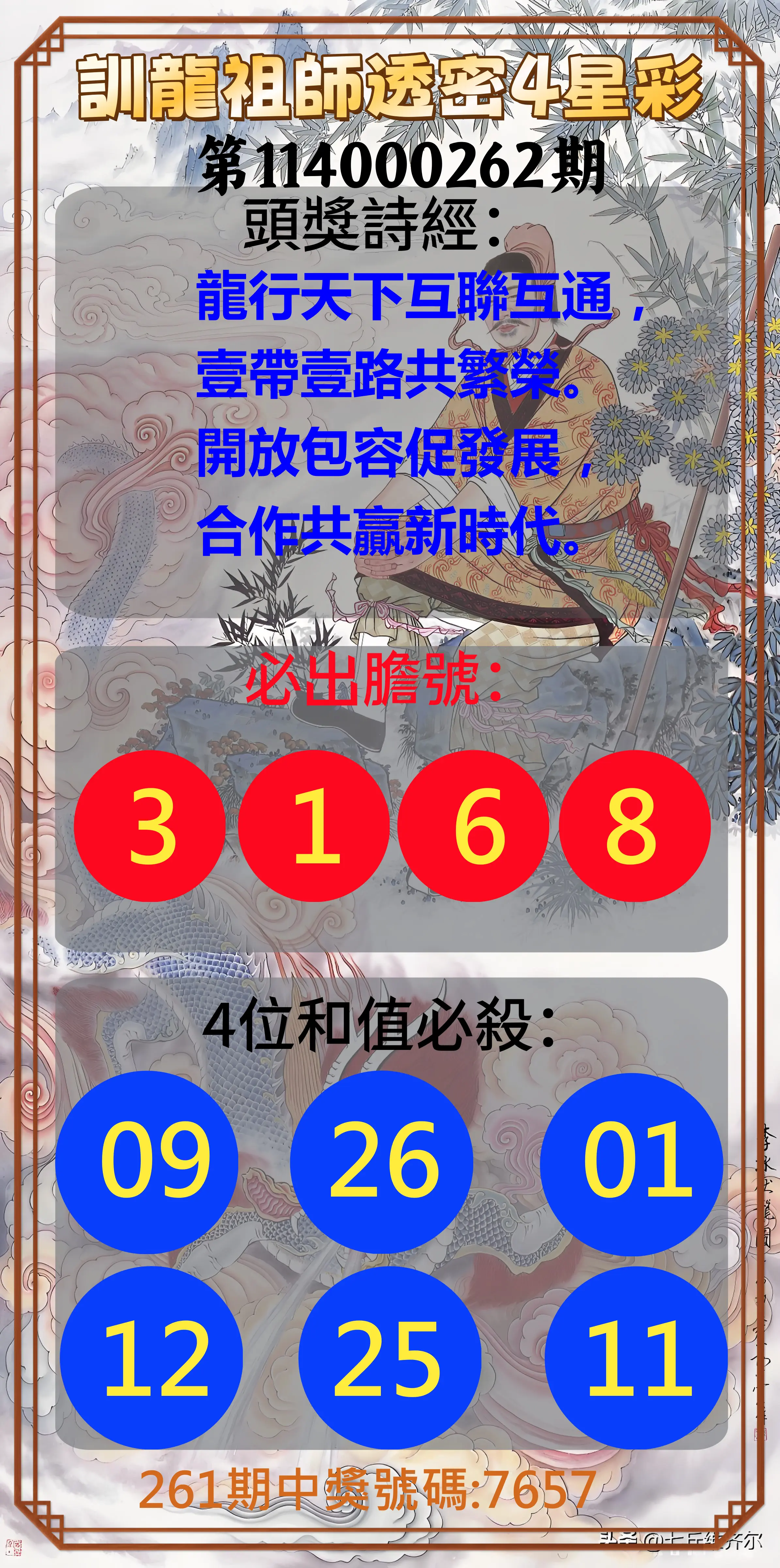 4星彩第114000262期(10/29)訓龍祖師透密4星彩