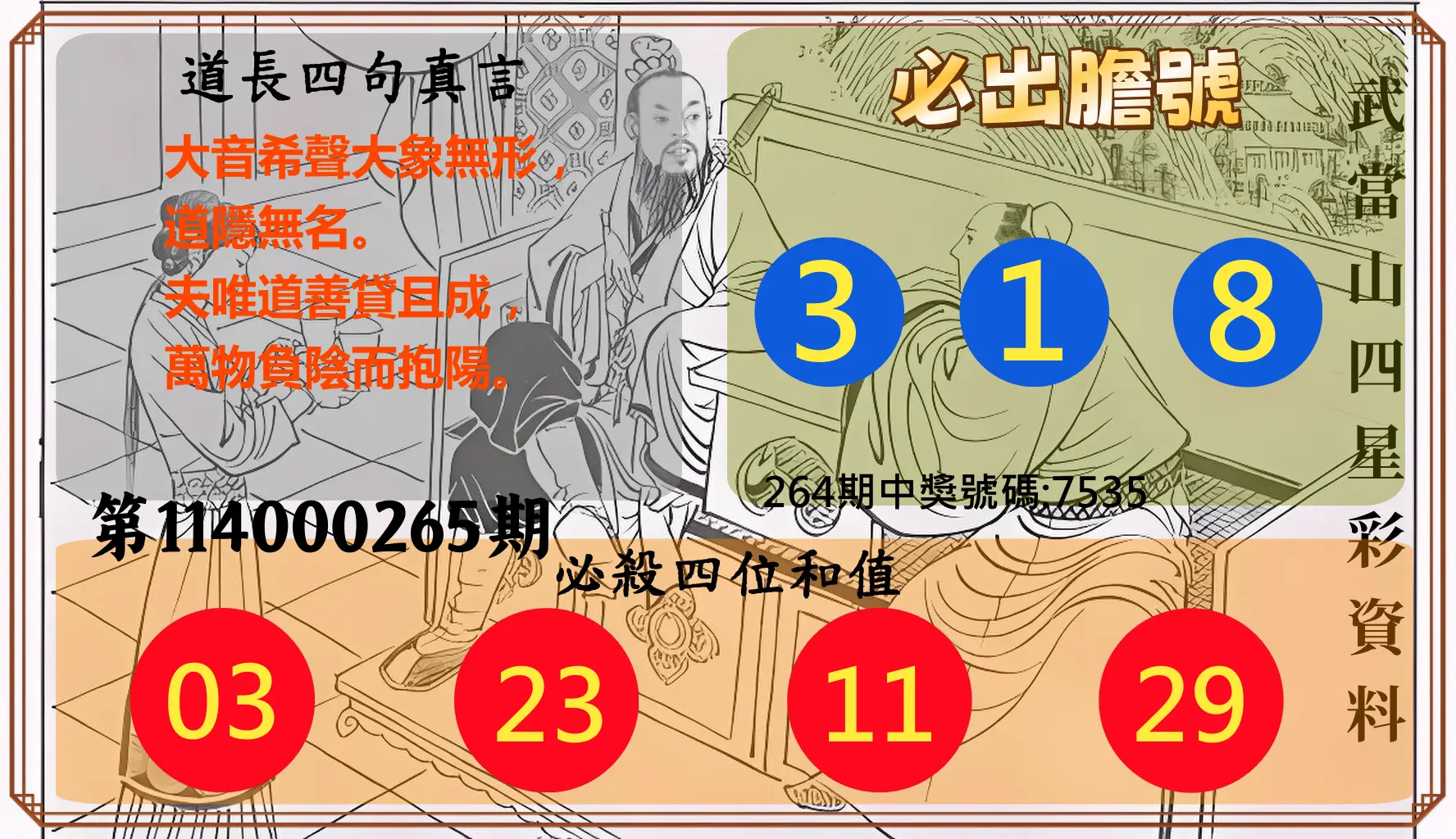 4星彩第114000265期(11/01)武當山四星彩資料