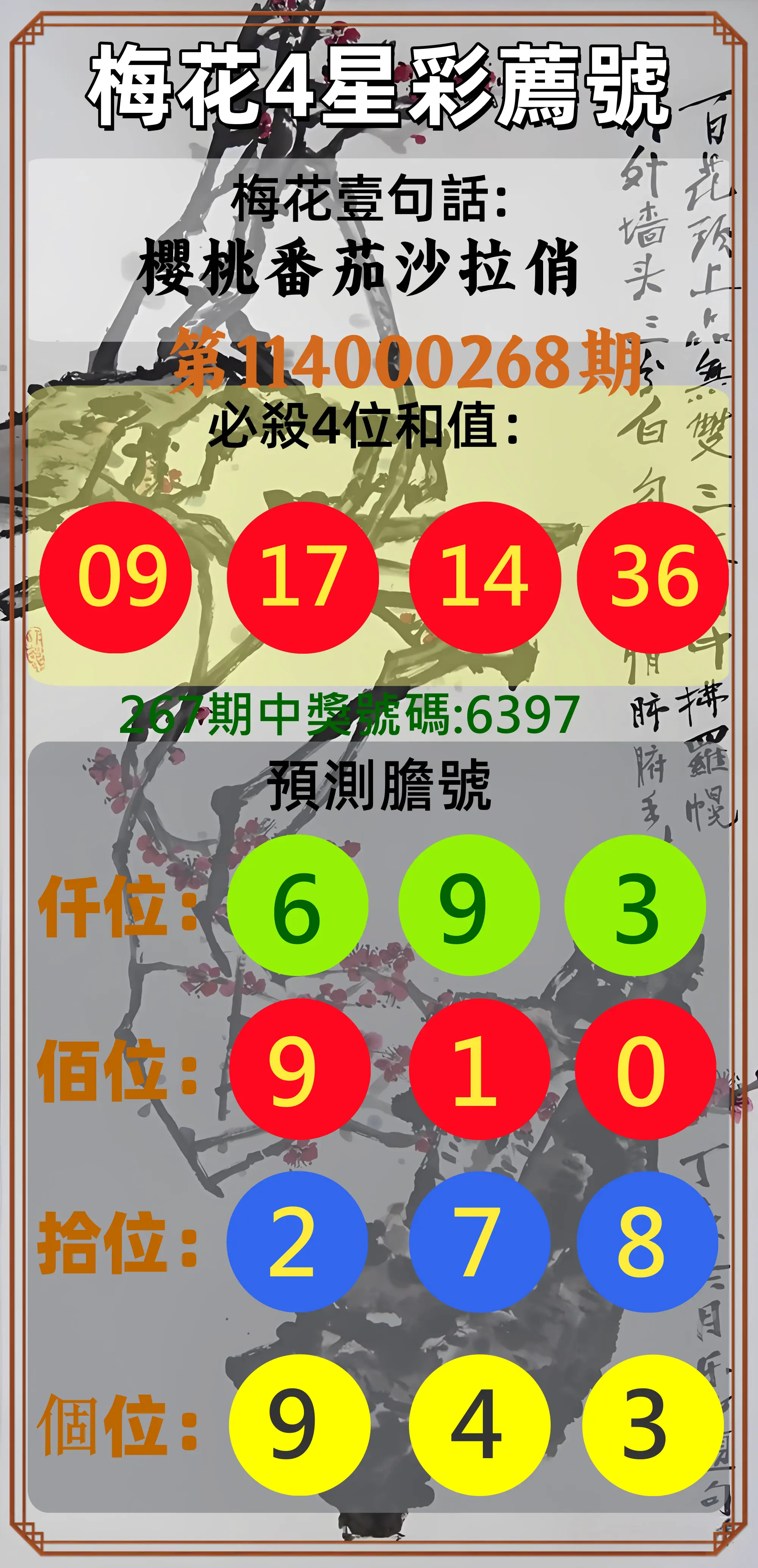 4星彩第114000268期(11/05)梅花4星彩薦號