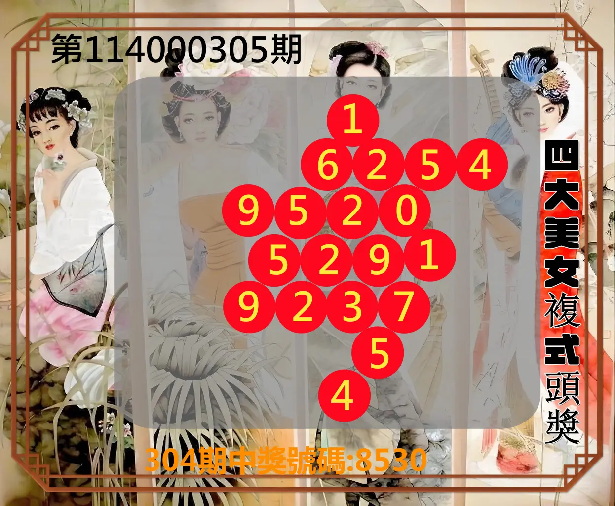 4星彩第114000305期(12/18)四大美女複式頭獎