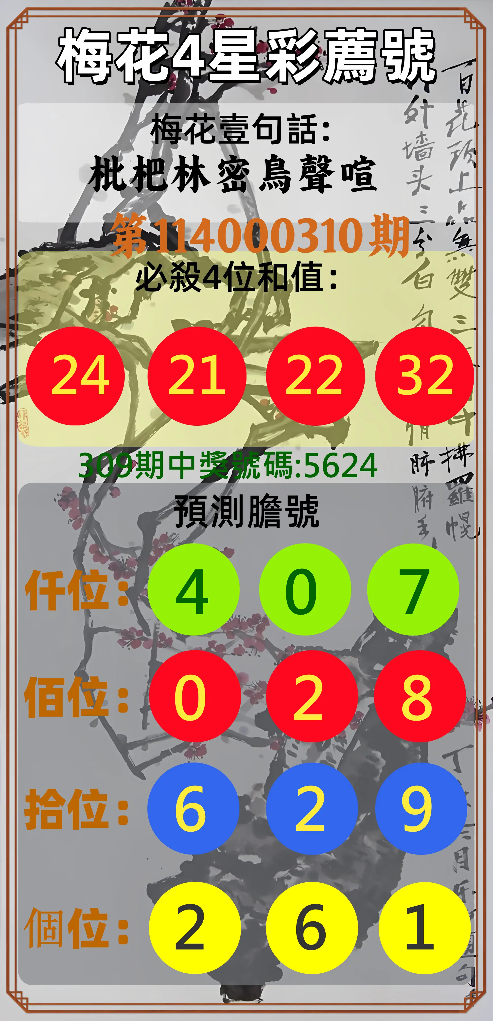 4星彩第114000310期(12/24)梅花4星彩薦號
