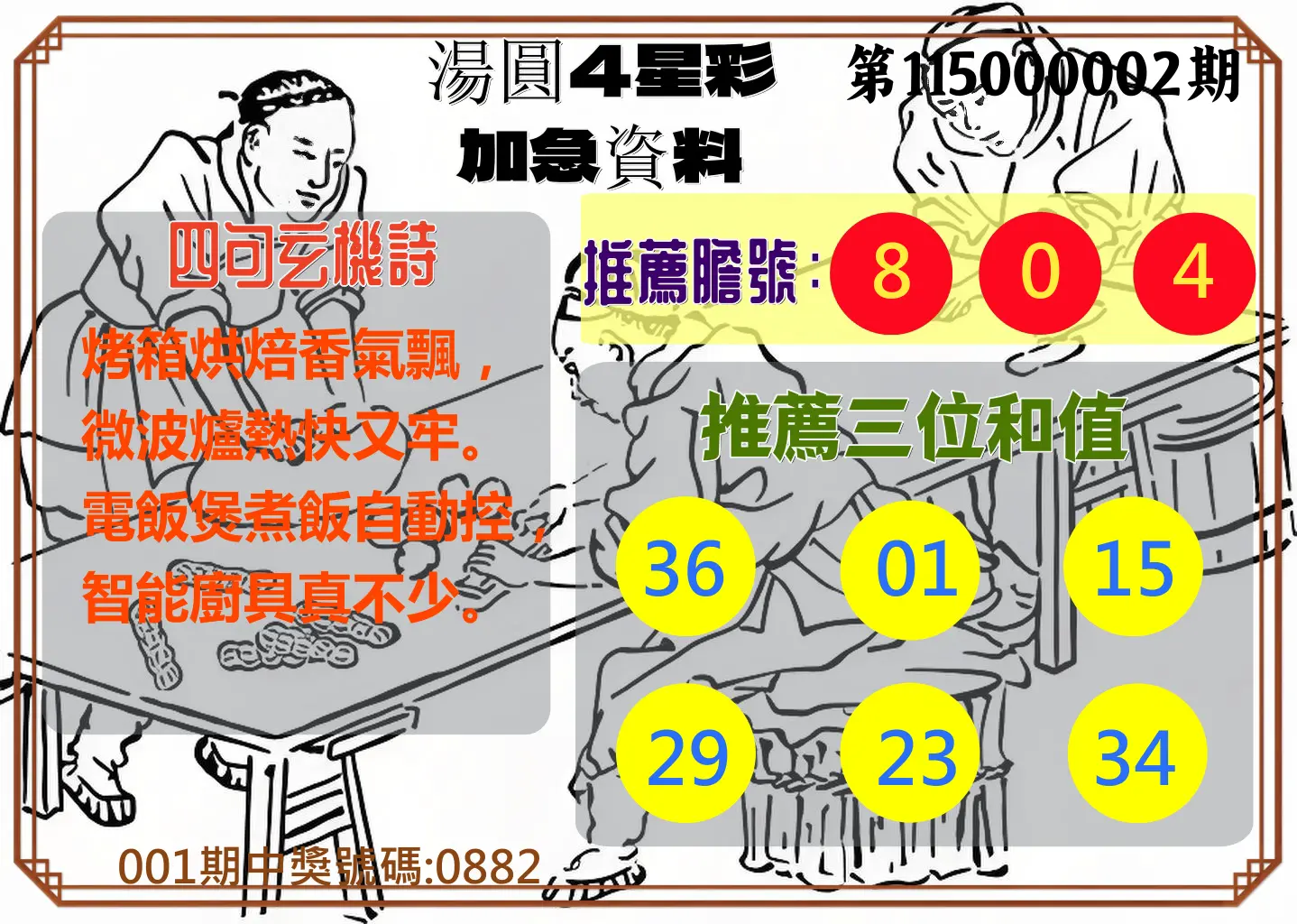 4星彩第115000002期(01/02)湯圓4星彩加急資料